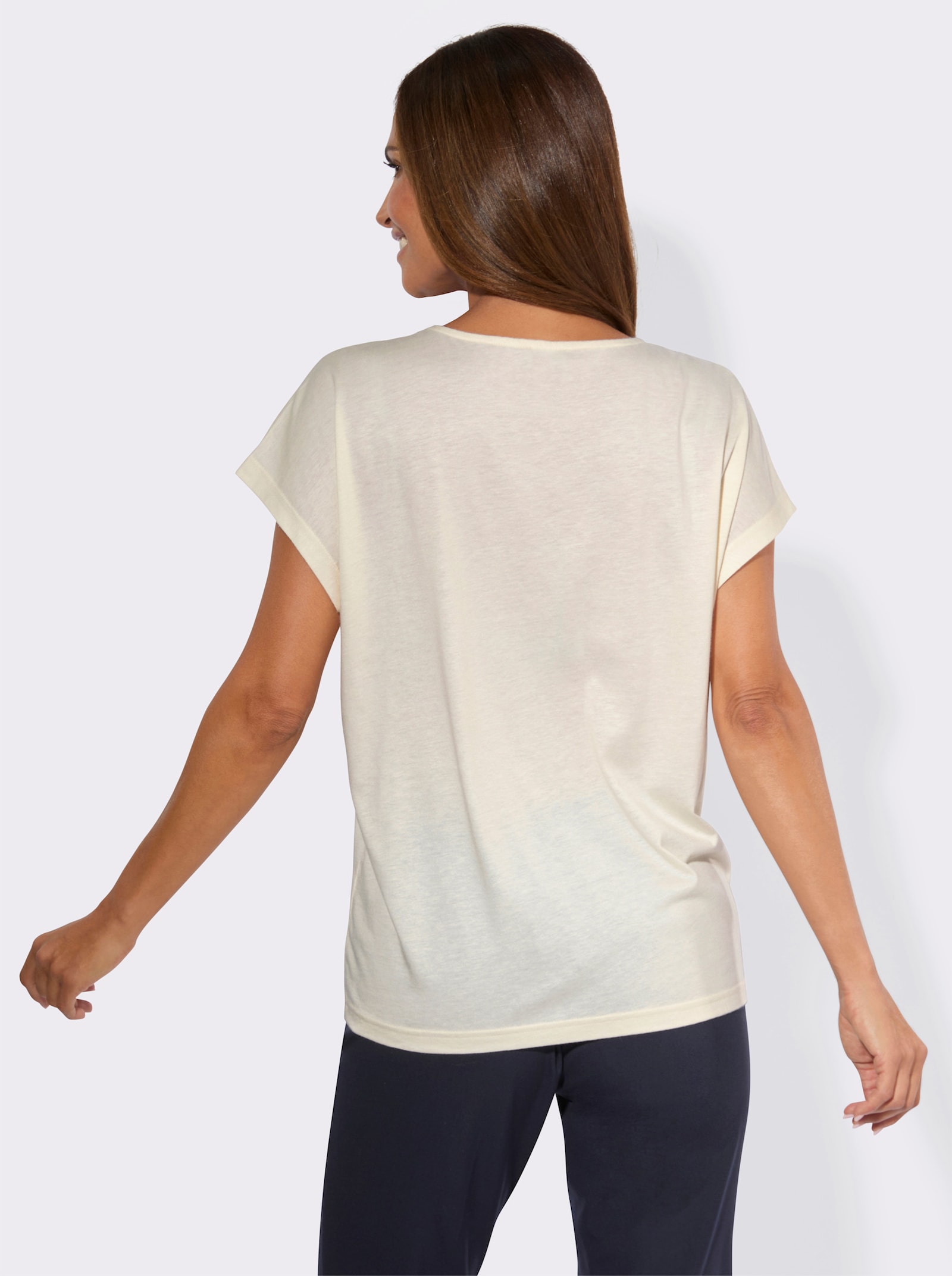 Kurzarmshirt mit platziertem Blütenmuster - champagner-marine-bedruckt