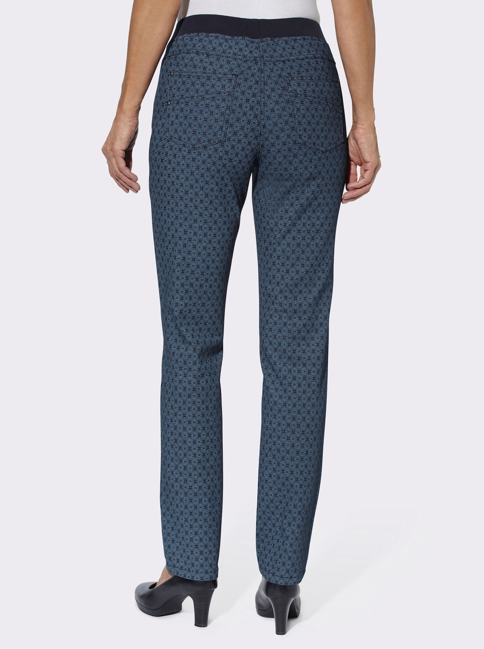 Schlupfjeans mit geripptem Strick-Dehnbund - dark blue-bedruckt