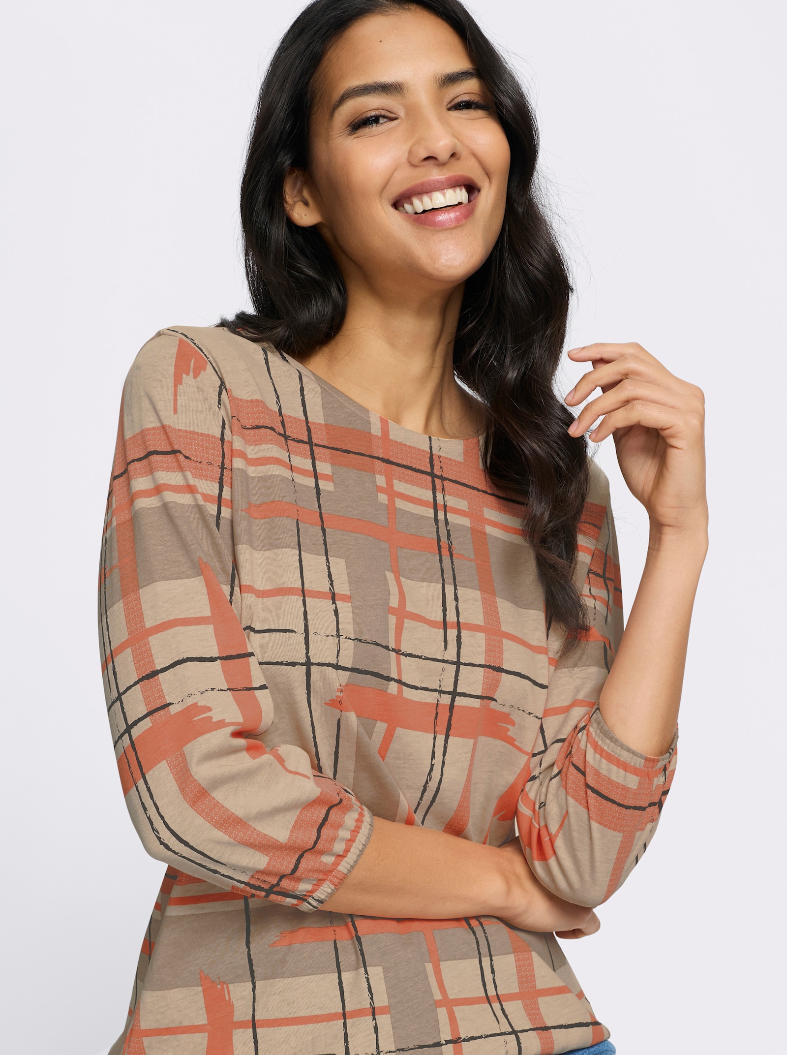 3/4-Arm-Shirt mit grafischem Allover-Druck - sand-papaya-bedruckt