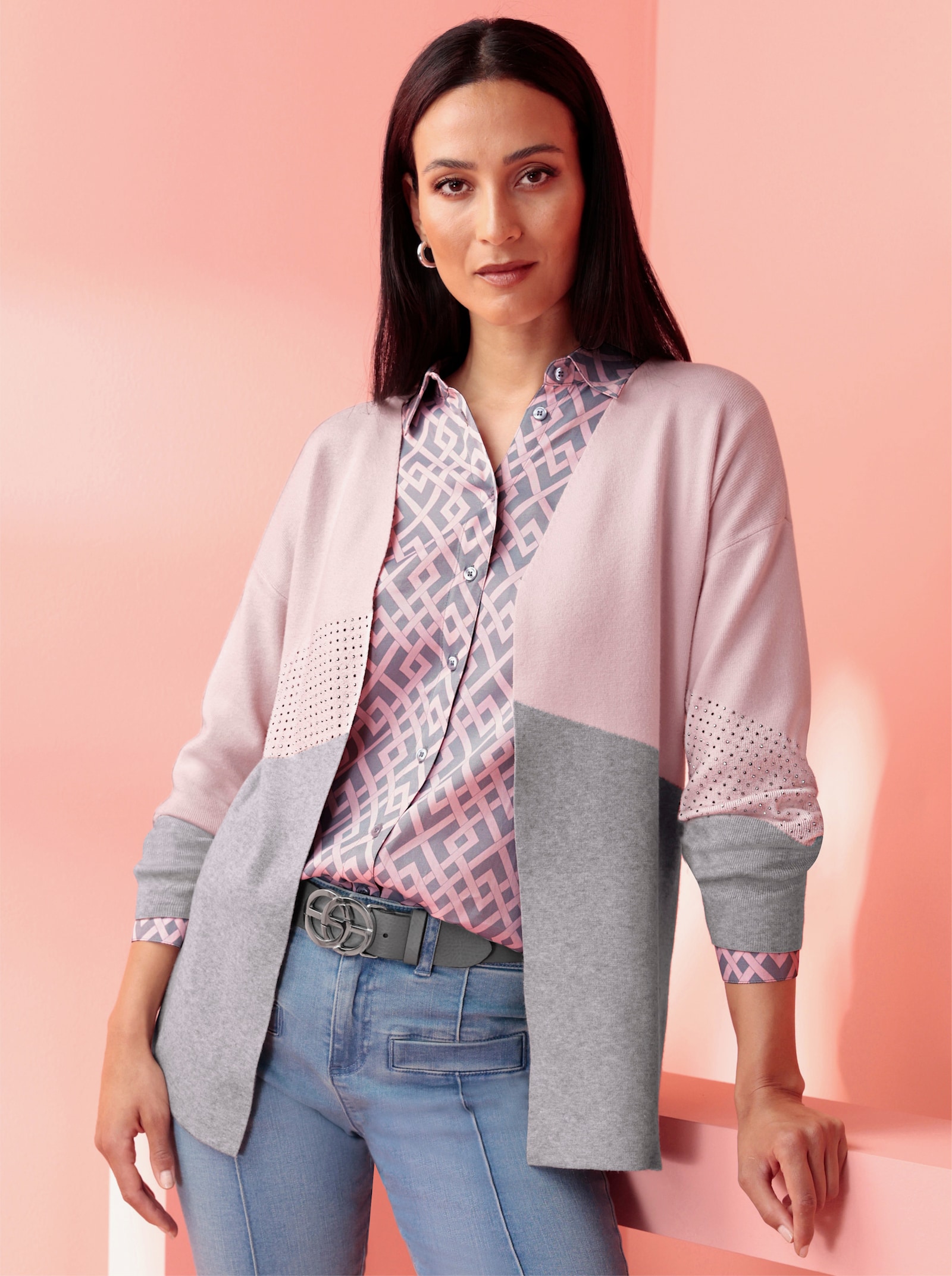 heine Veste en tricot fin avec applications brillantes - rose clair-gris pierre chiné