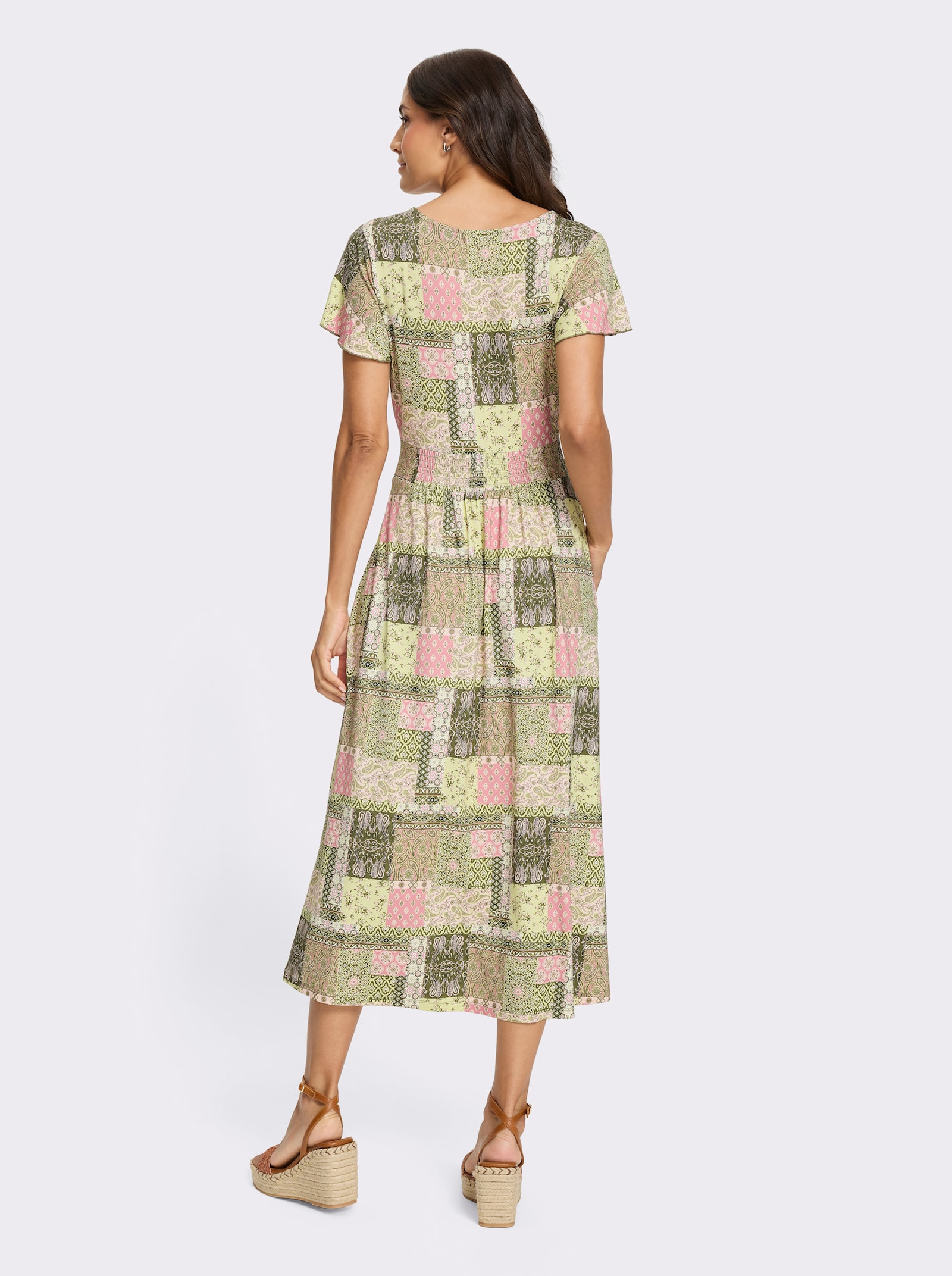 Jerseykleid mit gesmoktem Taillenband hinten - altrosa-oliv-bedruckt