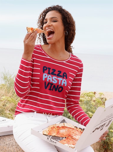 Ringelshirt mit Frontdruck - erdbeere-weiß-geringelt