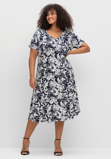 Jerseykleid in leicht ausgestellter Form - marine-ecru-bedruckt