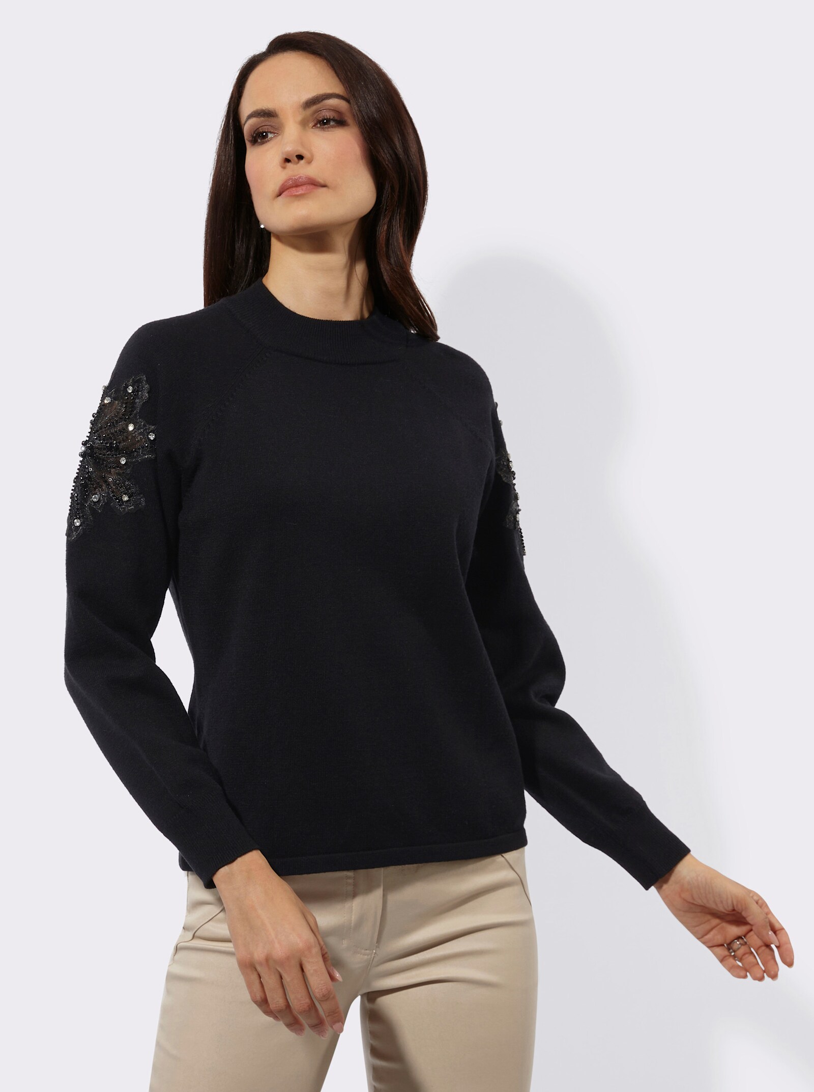 Langarm-Pullover mit besticktem Netzeinsatz - schwarz