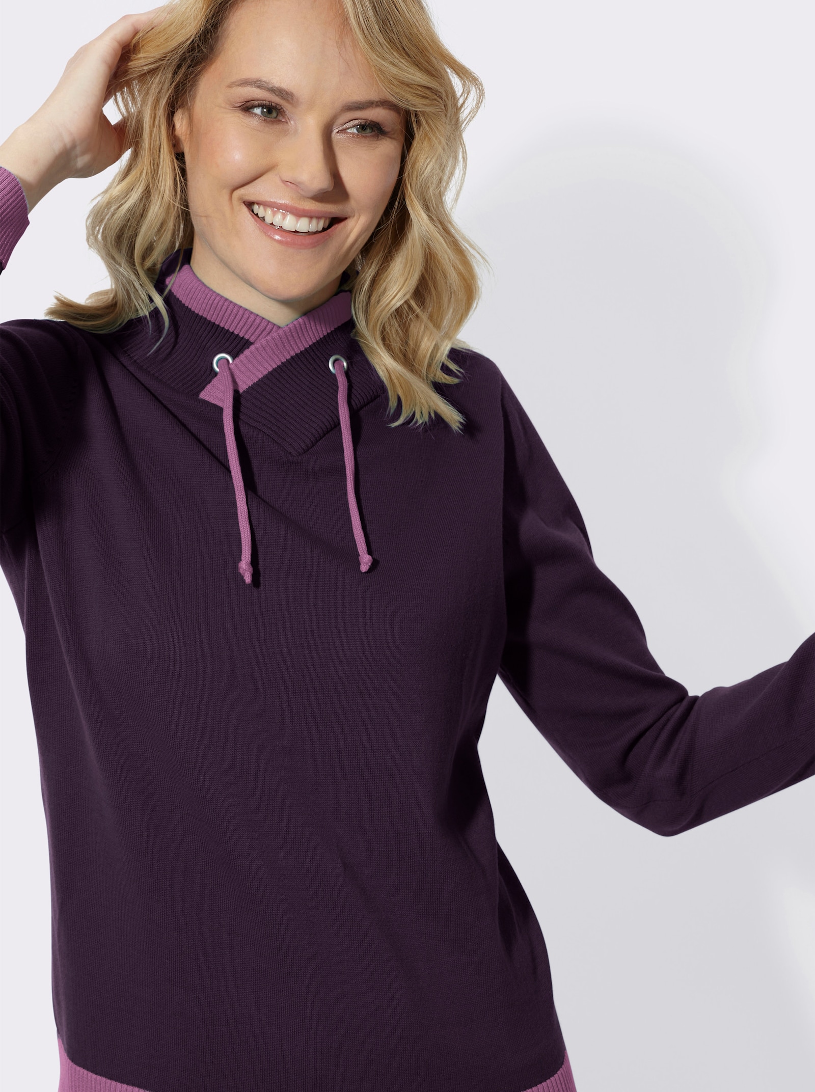 Langarm-Pullover mit kontrastfarbigen Bündchen - aubergine-violett