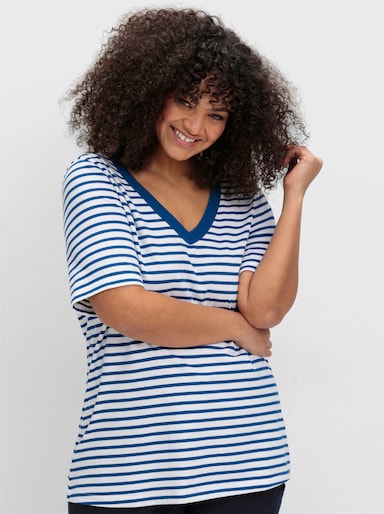 sheego Ringelshirt mit V-Ausschnitt - blaubeere-gestreift