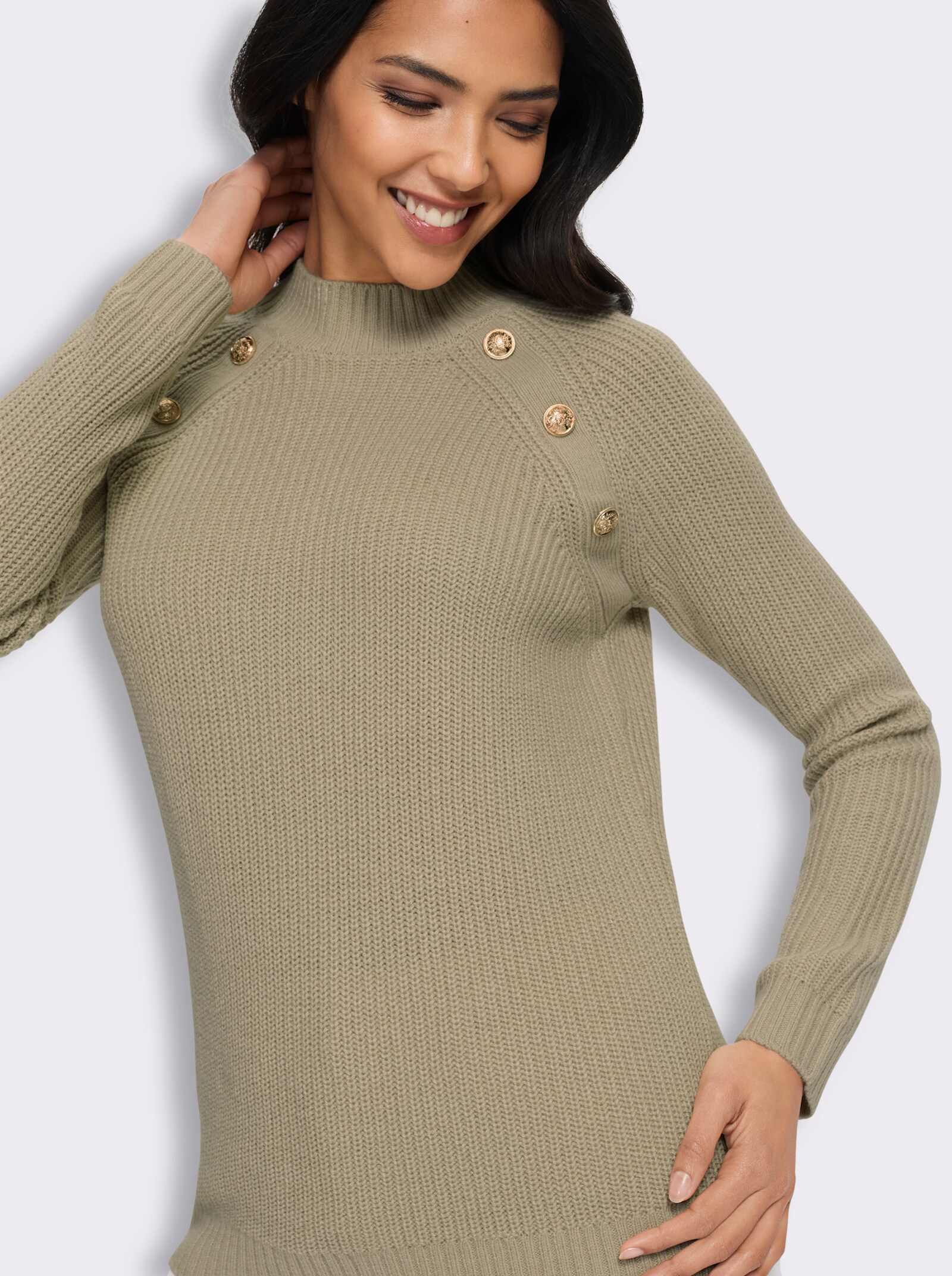 Stehkragenpullover mit Zierknöpfen - sesam