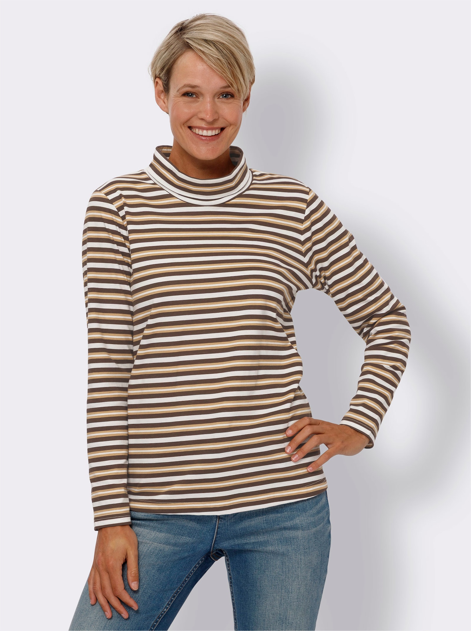 Colshirt van puur katoen, gestreept - chocolade/camel gestreept