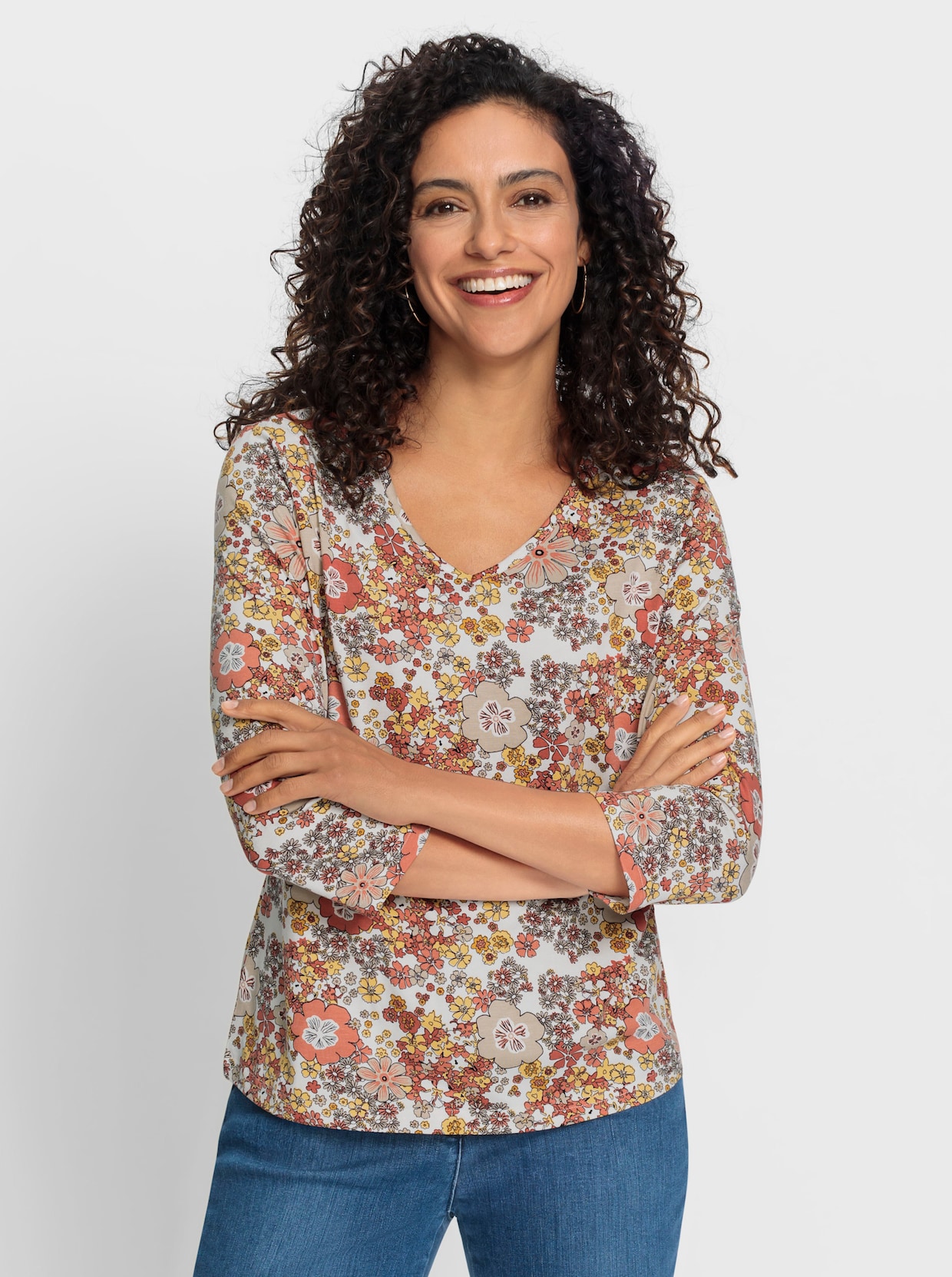 Shirt met V-hals - ecru/papaja bedrukt