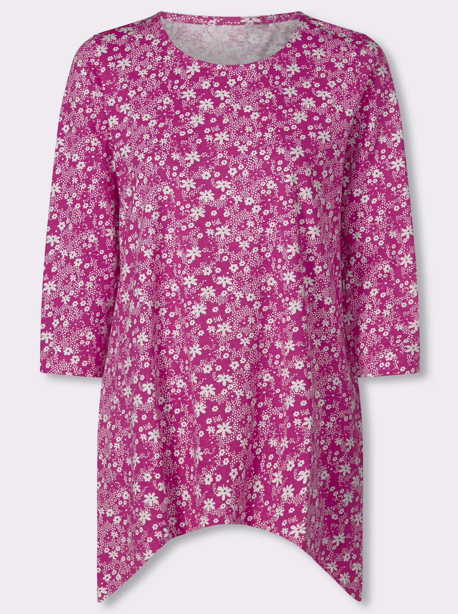 Assymetrisk topp med 3/4-ärmar, blomtryck - magenta-ecru-med tryck