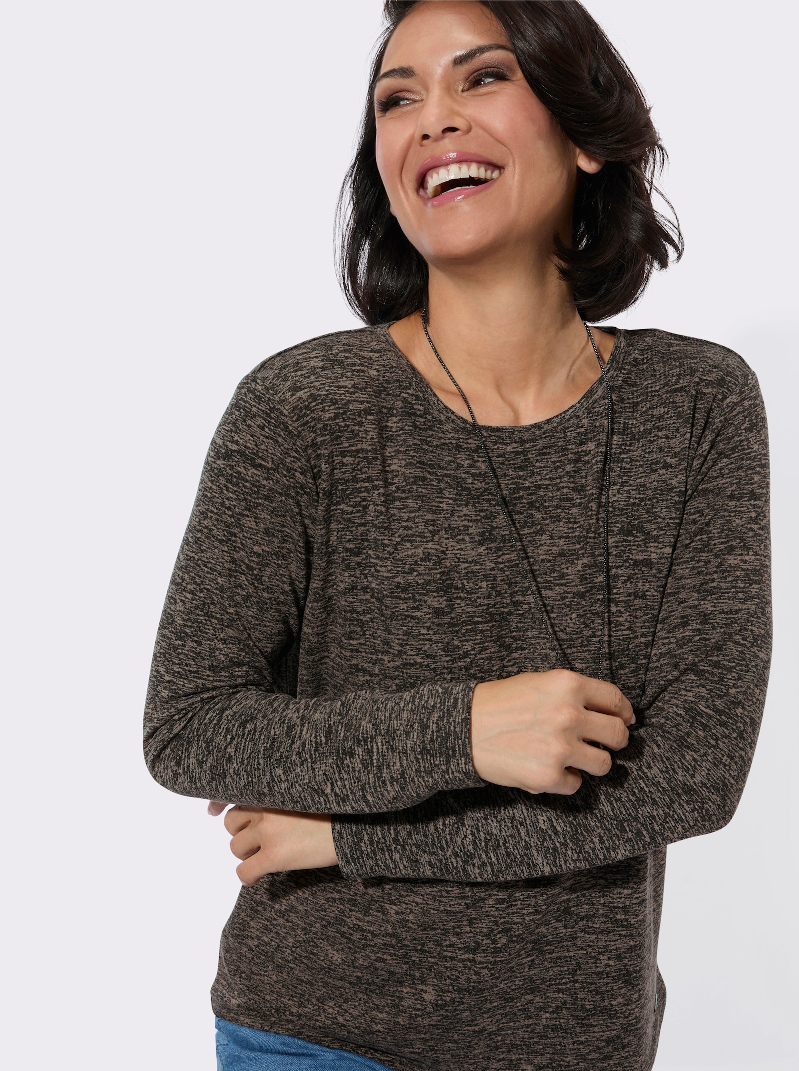 Rundhalsshirt mit Jacquard-Muster - beige-meliert