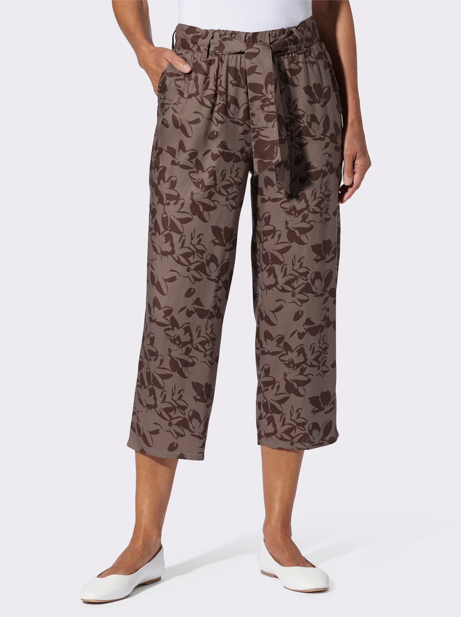 7/8 kalhoty s potištěným páskem na zavázání - tmavá taupe-čokoládová-potisk