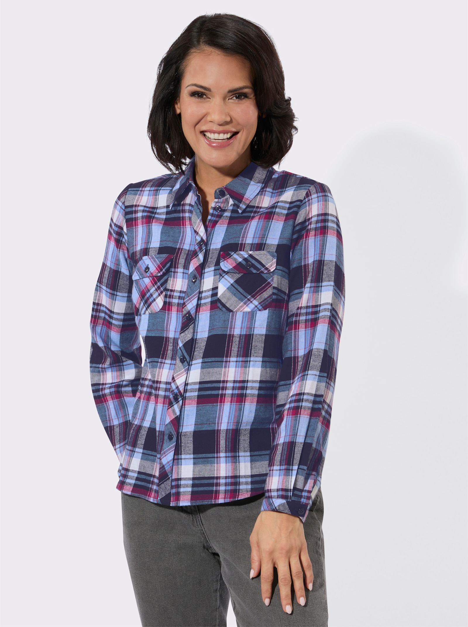 Flanell-Bluse - magenta-marine-kariert