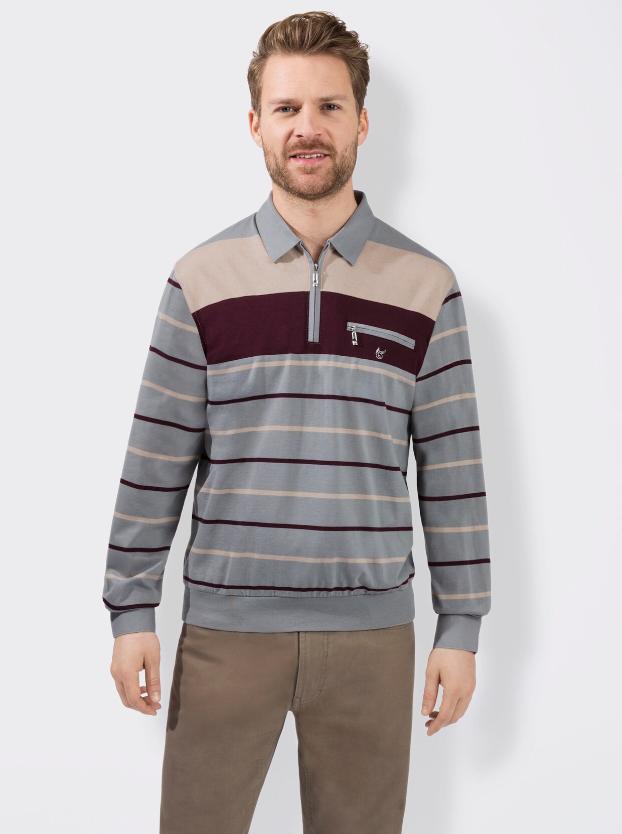 Hajo Poloshirt met lange mouwen - grijs gestreept