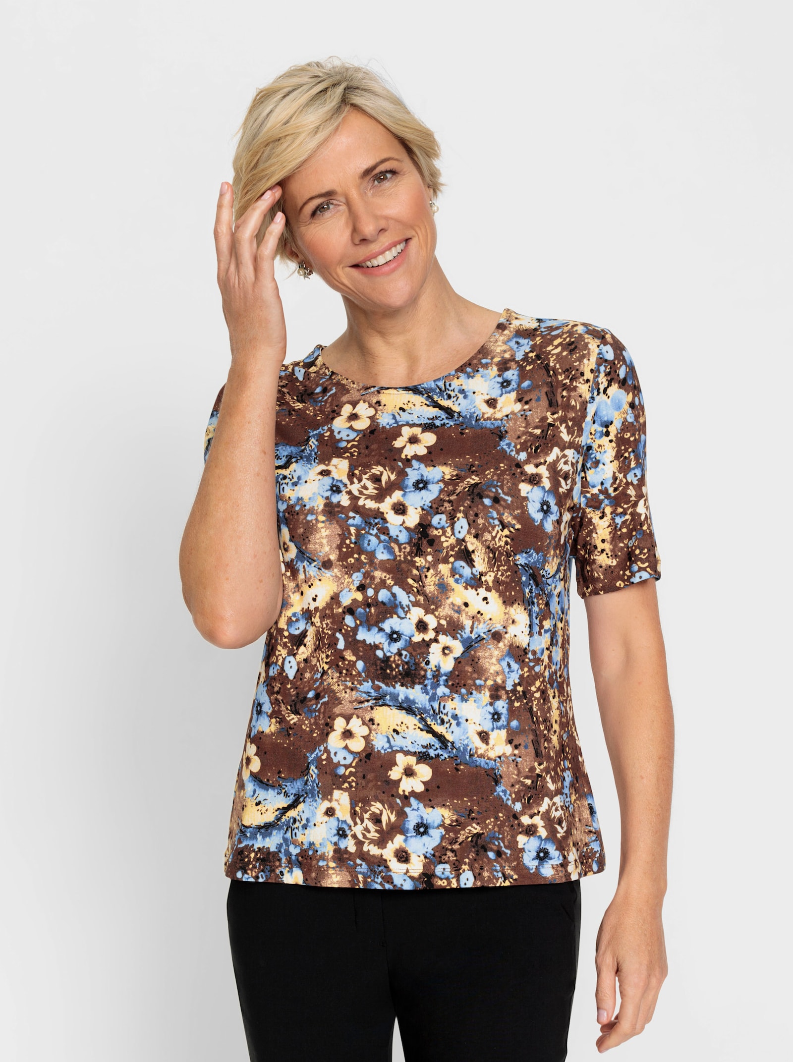 Rundhalsshirt in Viskose-Qualität, bedruckt - braun-hellblau-bedruckt