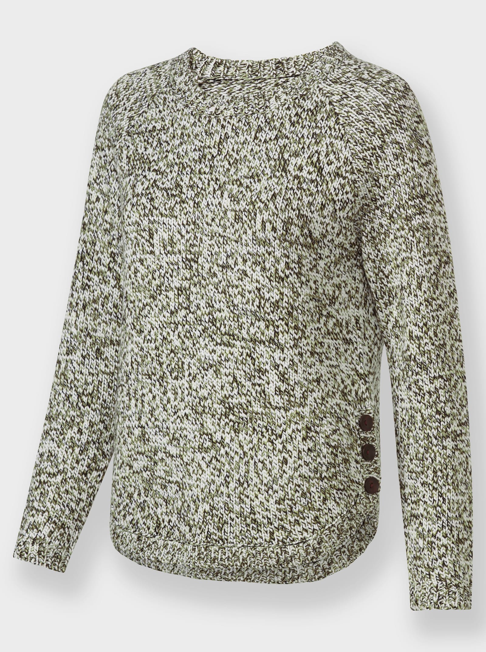 Rundhalspullover mit Knopfleiste an den Seitenschlitzen - oliv-meliert