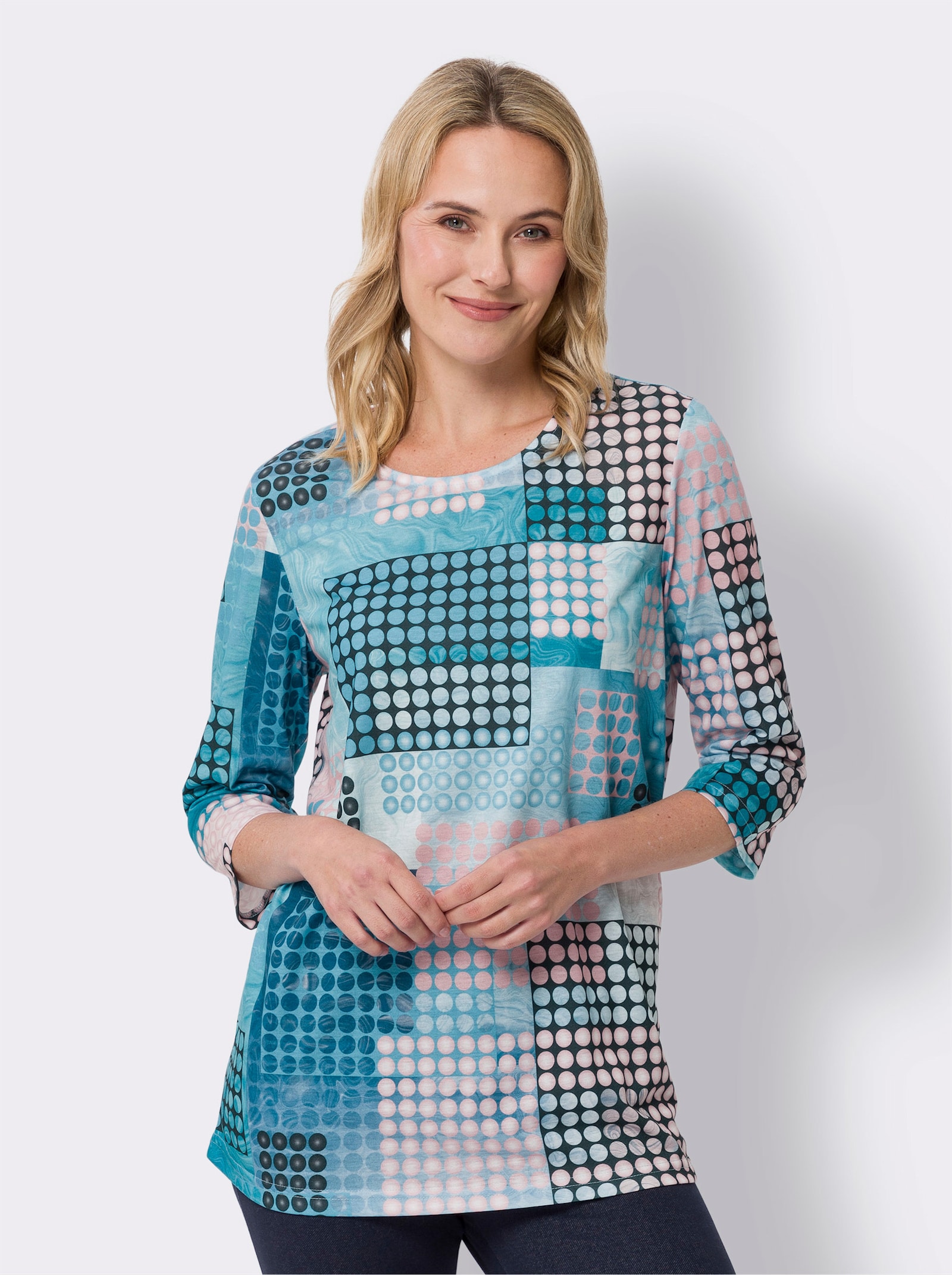 3/4-Arm-Shirt in Longform - türkis-rosenquarz-bedruckt