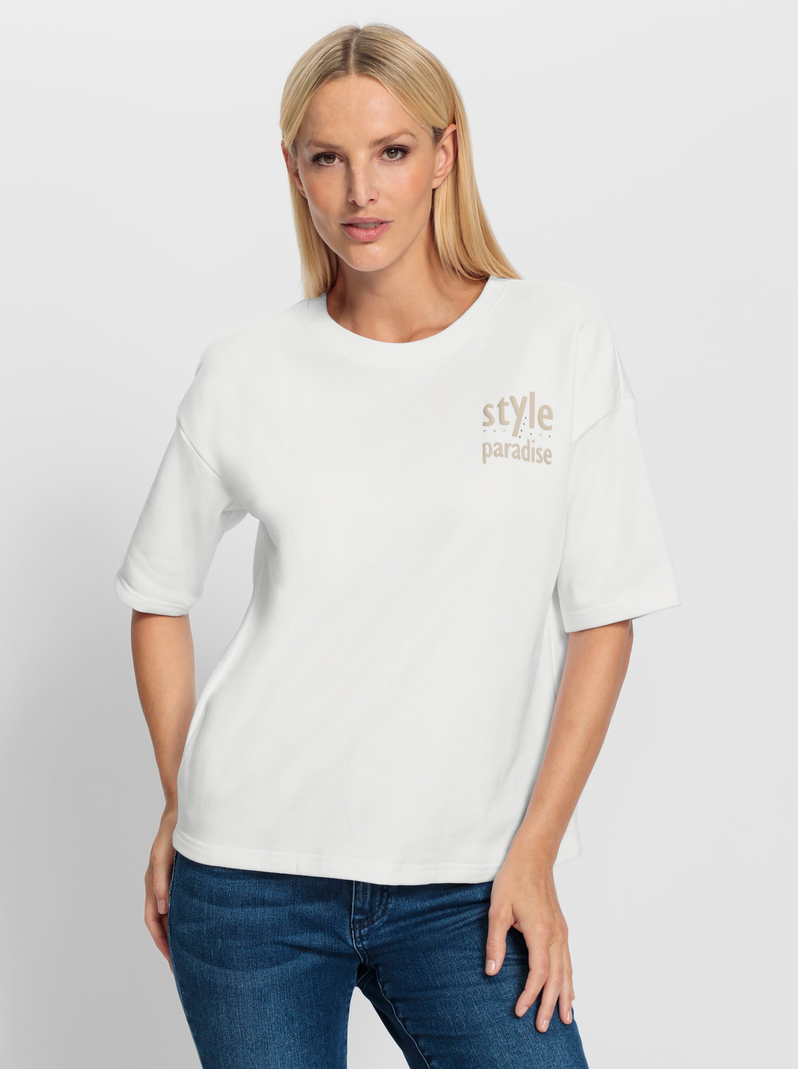 heine Sweatshirt mit Schriftzug und Glitzersteinchen - weiss