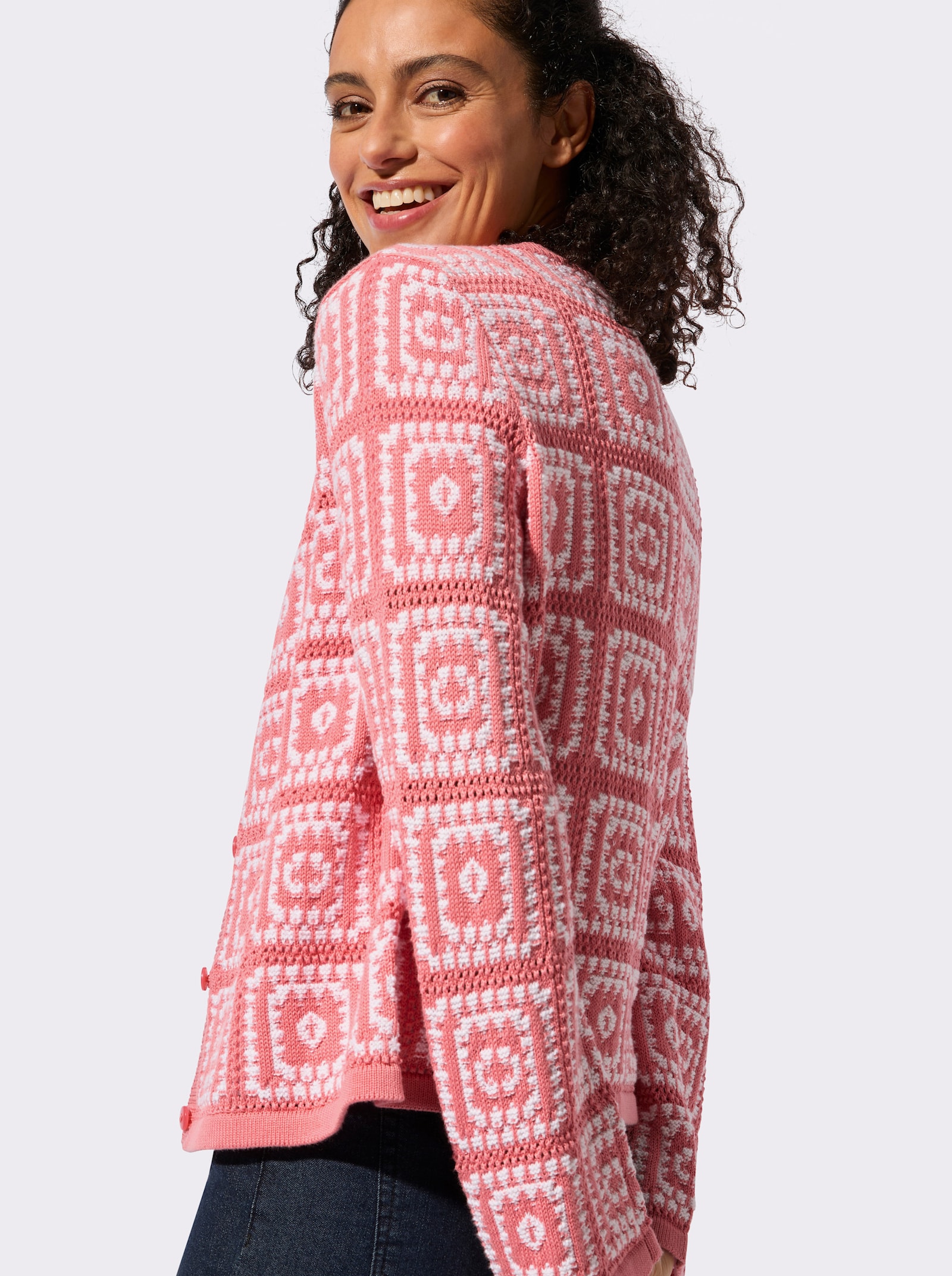 Strickjacke in Häkel-Optik - flamingo-weiß