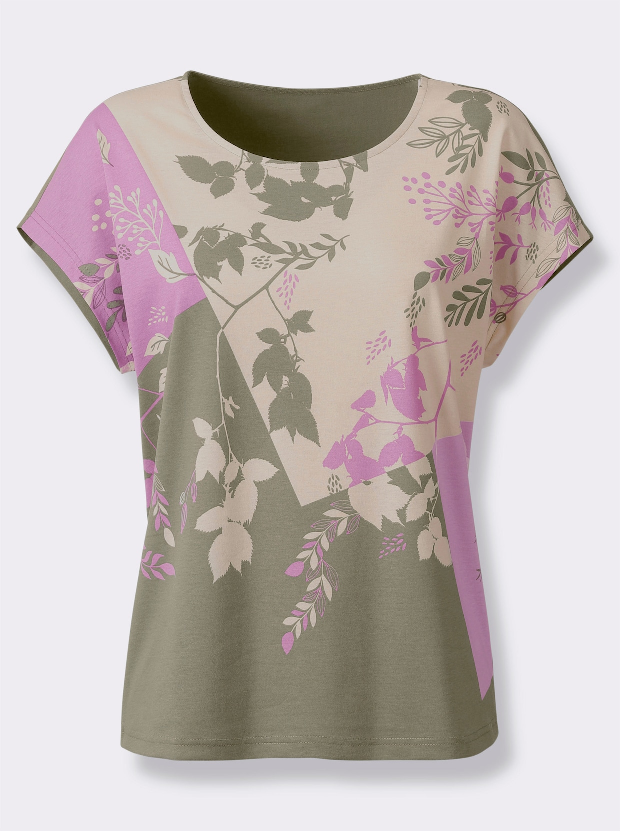 Kurzarm-Shirt - orchidee-khaki-bedruckt