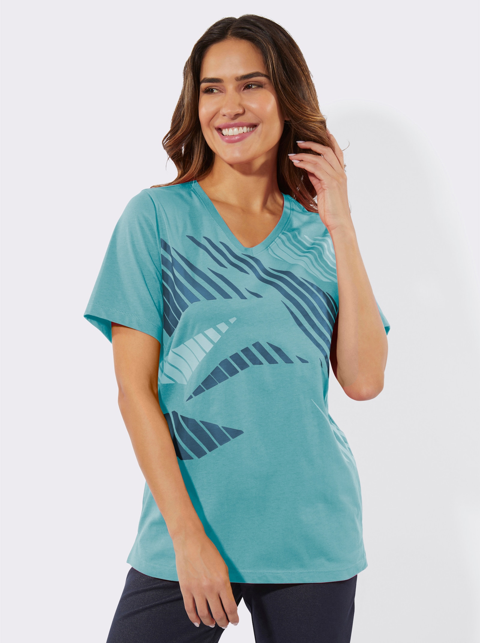 Freizeitshirt mit Seitenschlitzen - aquamarin-bedruckt