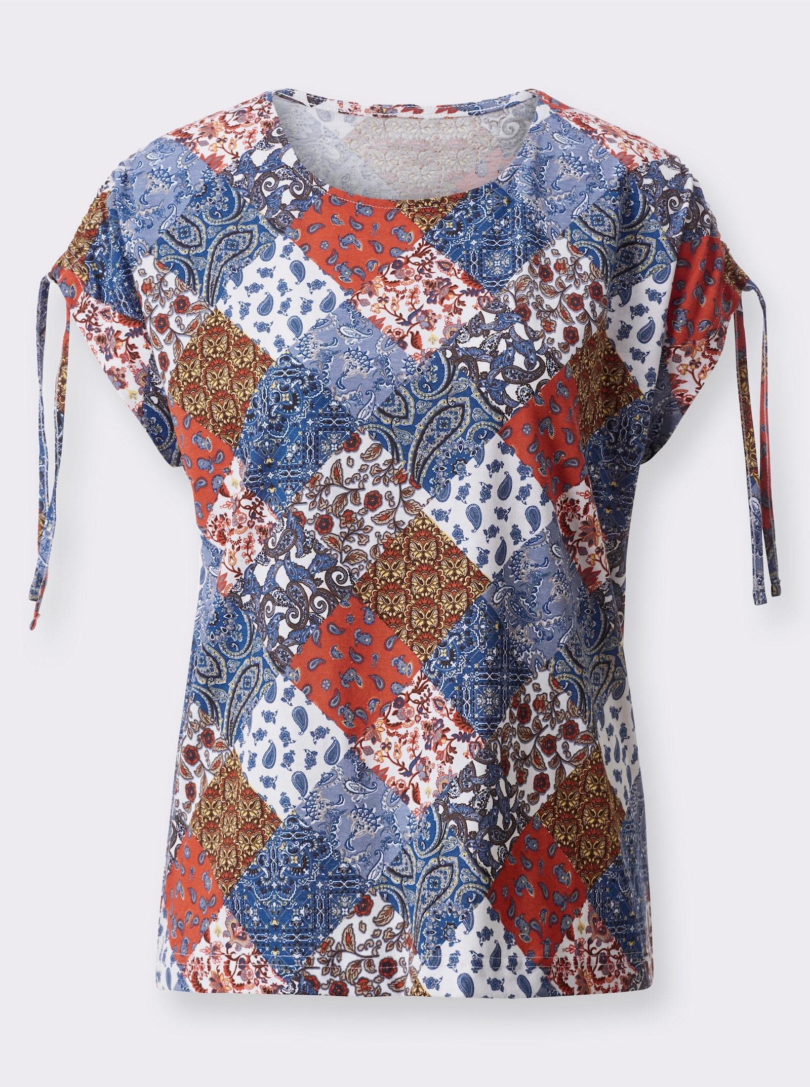 Shirt met korte mouwen en rimpeling op de schouders - duifblauw/terra bedrukt