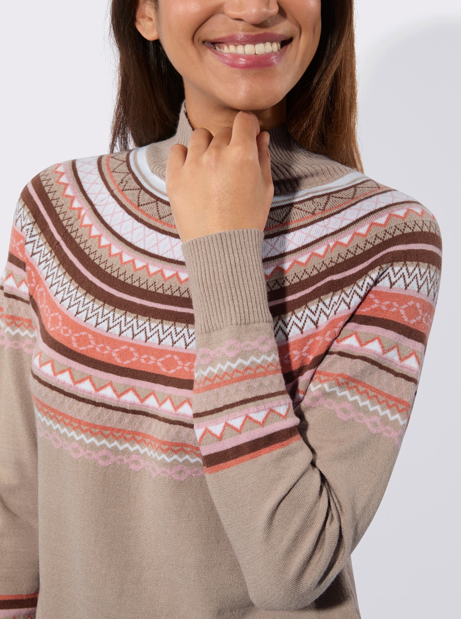 Jacquard-Pullover mit Seitenschlitzen - sesam-braun-gemustert