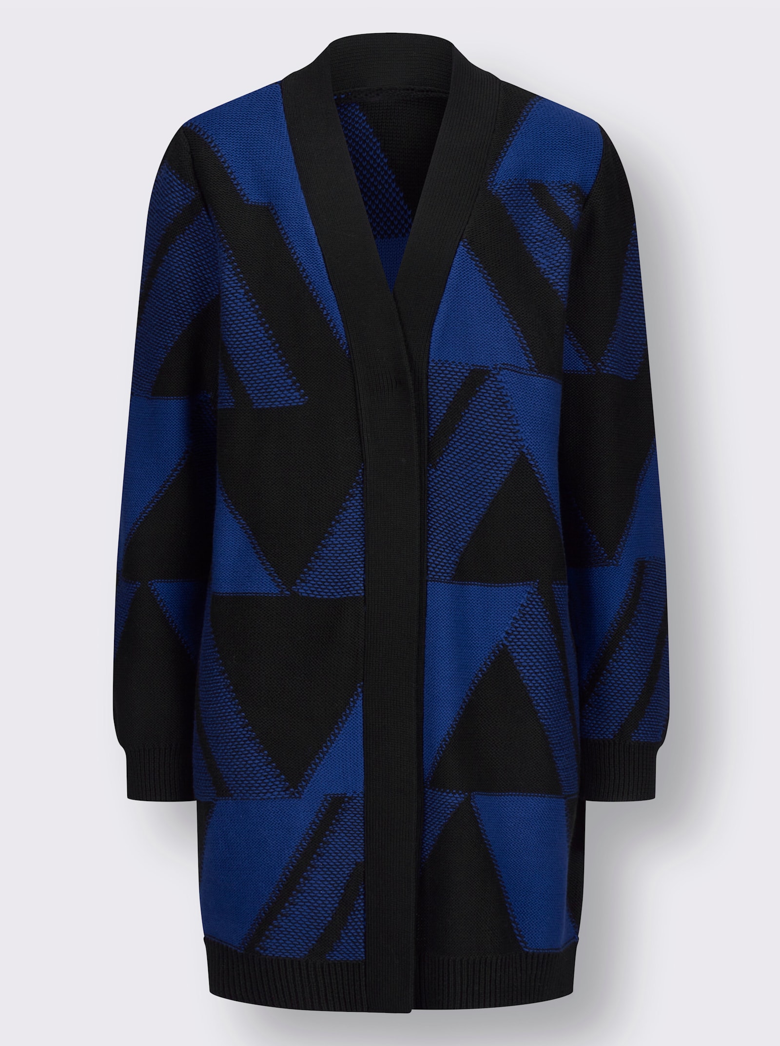 Strickmantel mit Jacquard-Muster, grafisch - royalblau-schwarz-gemustert