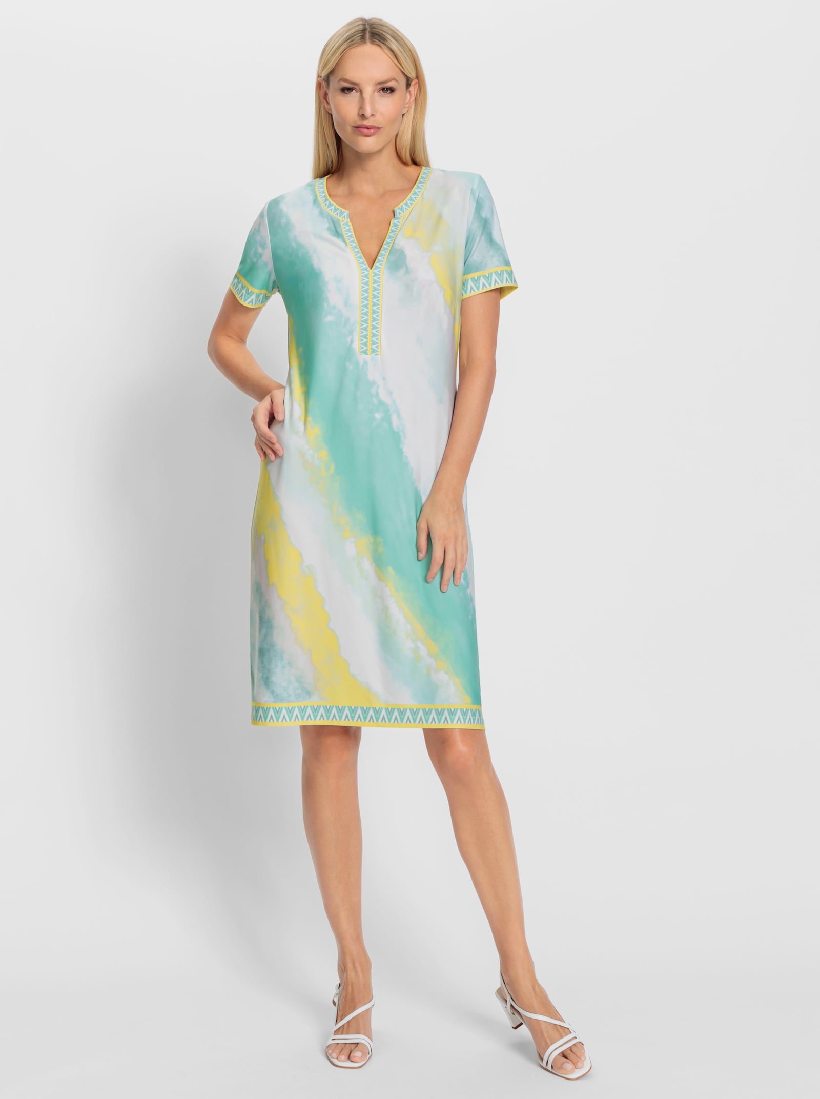 heine Robe imprimée imitation batik - bleu-vert-citron vert imprimé