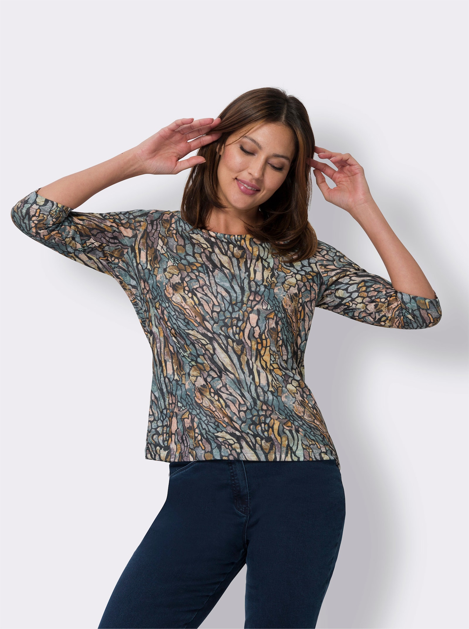 Tričko s 3/4 rukávem a potiskem - šalvějová-černá-potisk