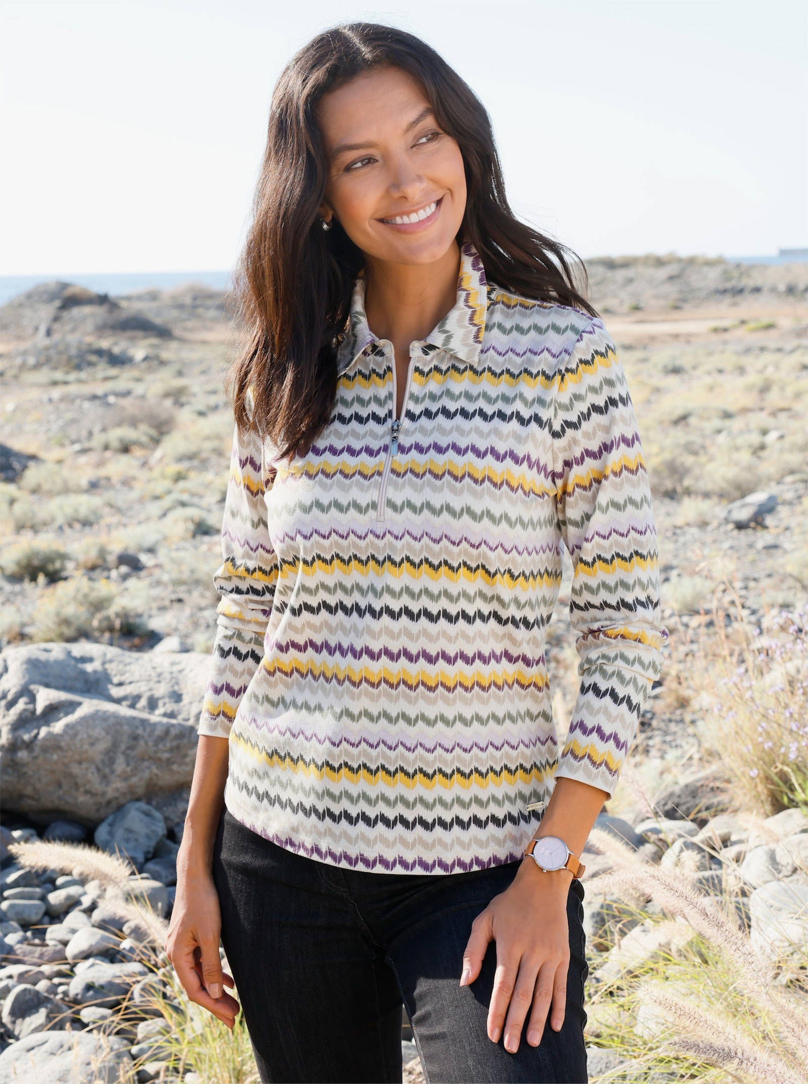 Poloshirt mit Reißverschluss - oliv-traube-gemustert