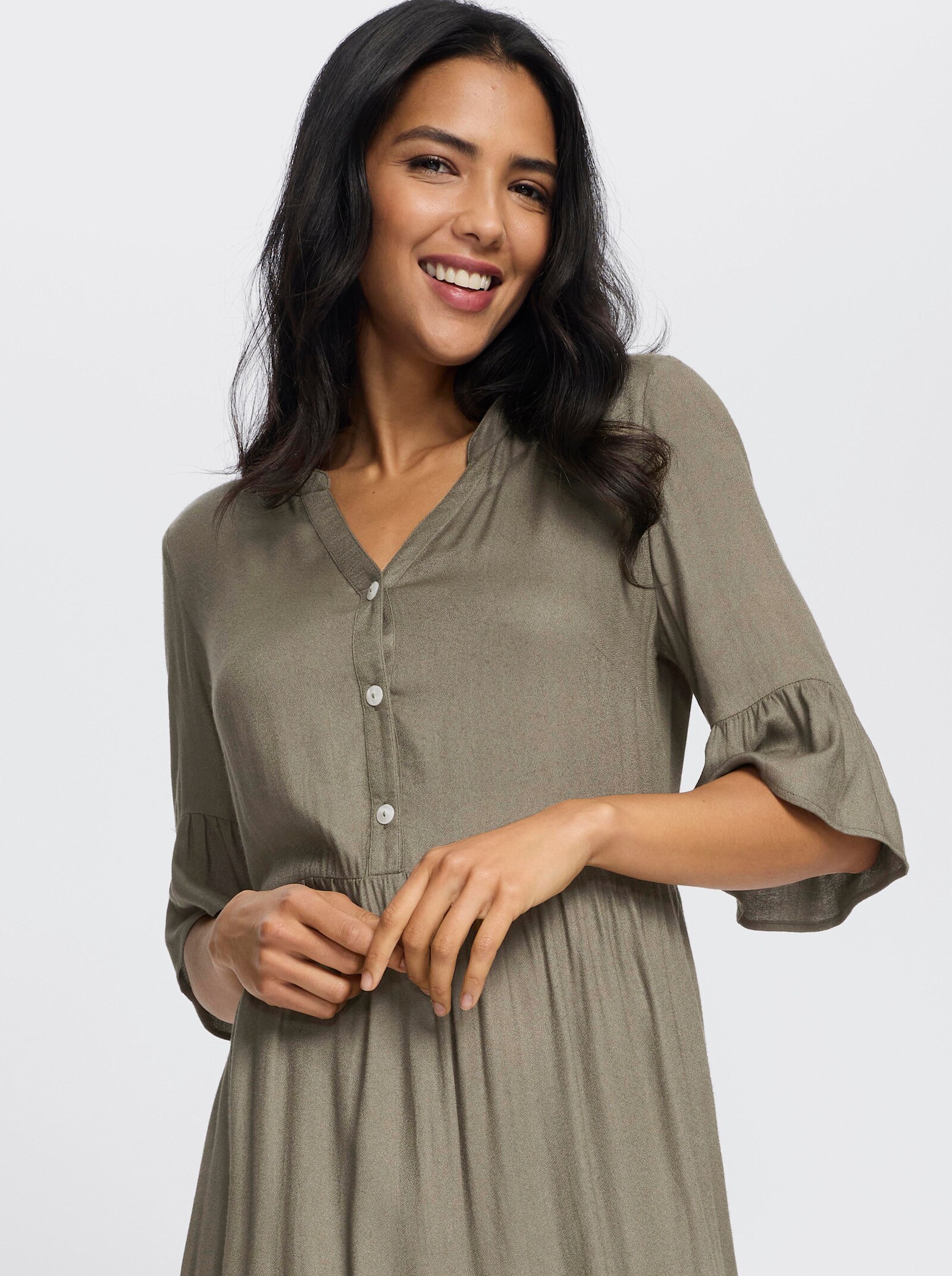 Tunikakleid in Stufenform, reine Viskose - khaki