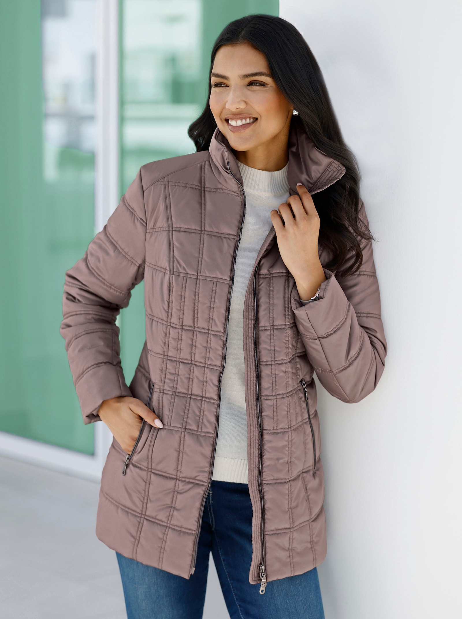 Quiltad jacka med tvåvägsdragkedja - mörk mullvad