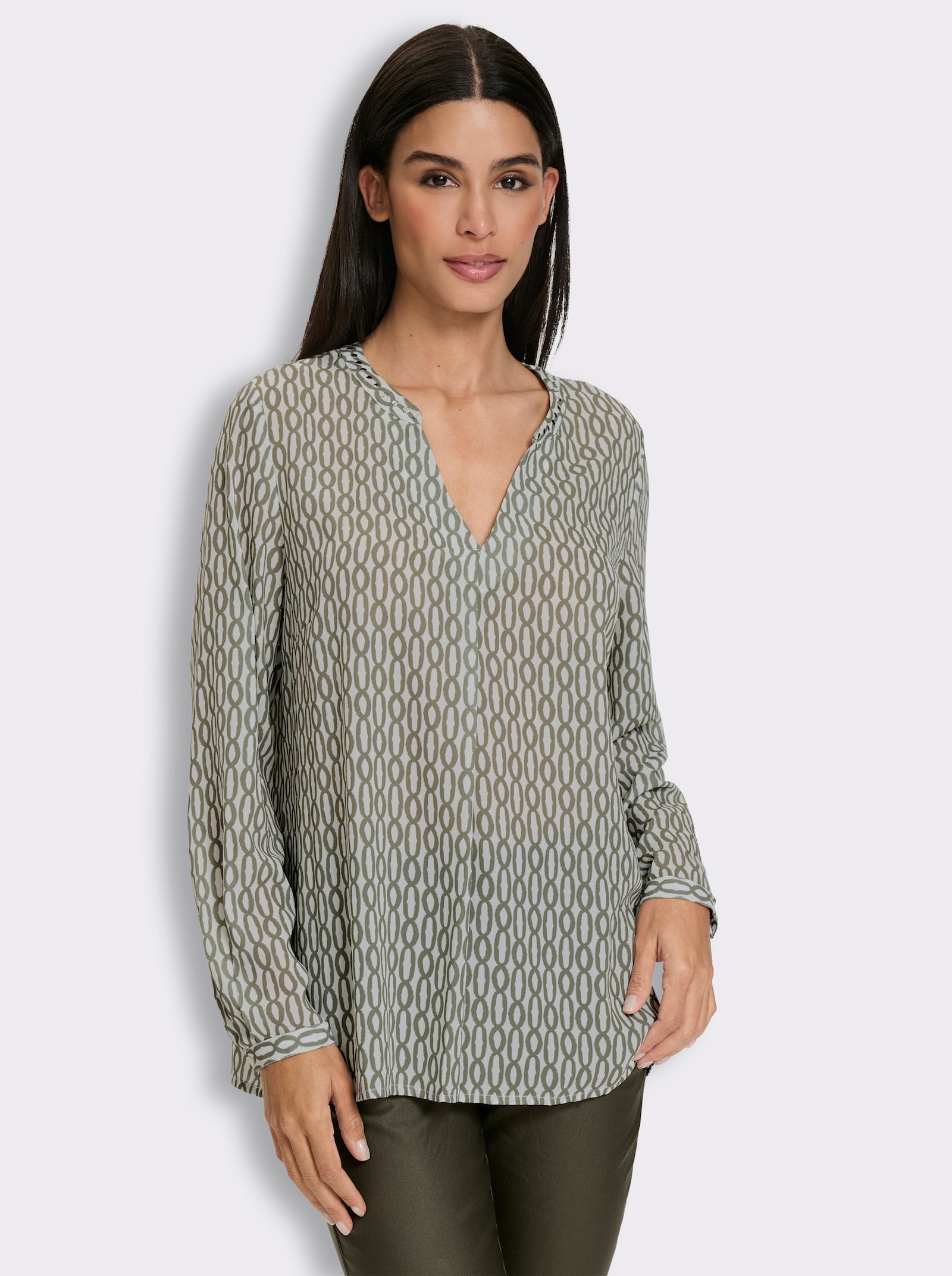 heine Druckbluse mit Ziernieten - ecru-khaki-bedruckt