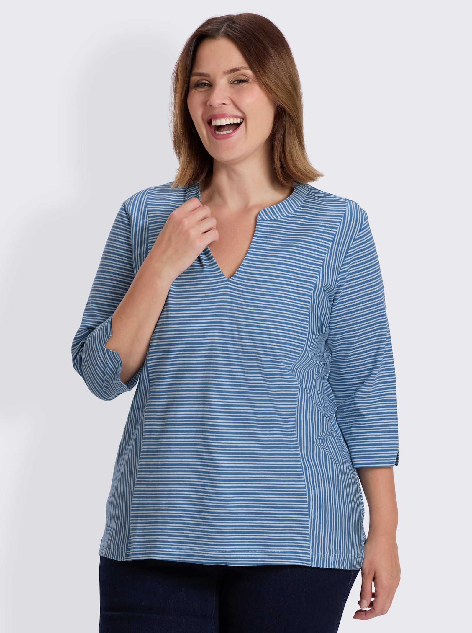 3/4-Arm-Shirt mit Ringel-Muster, garngefärbt - mittelblau-weiß-gestreift