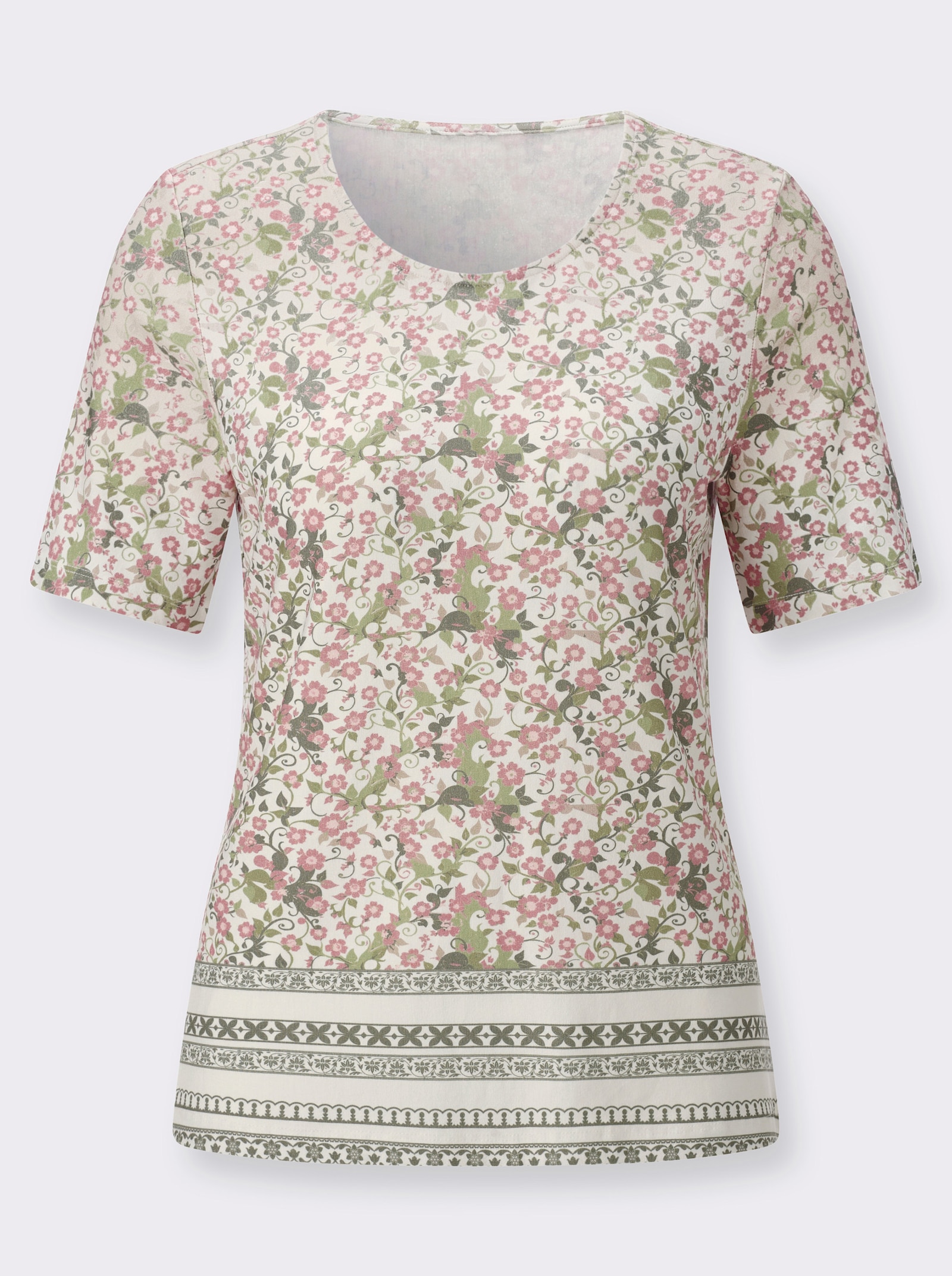 Kurzarmshirt mit Bordürenprint - khaki-hortensie-bedruckt