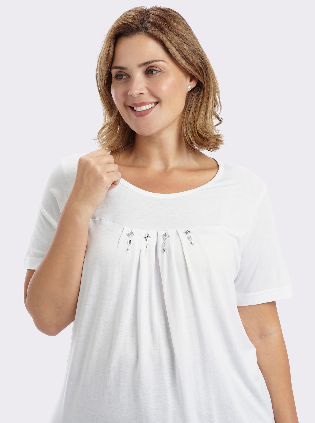 Kurzarmshirt mit Ziersteinchen, reine Viskose - weiß