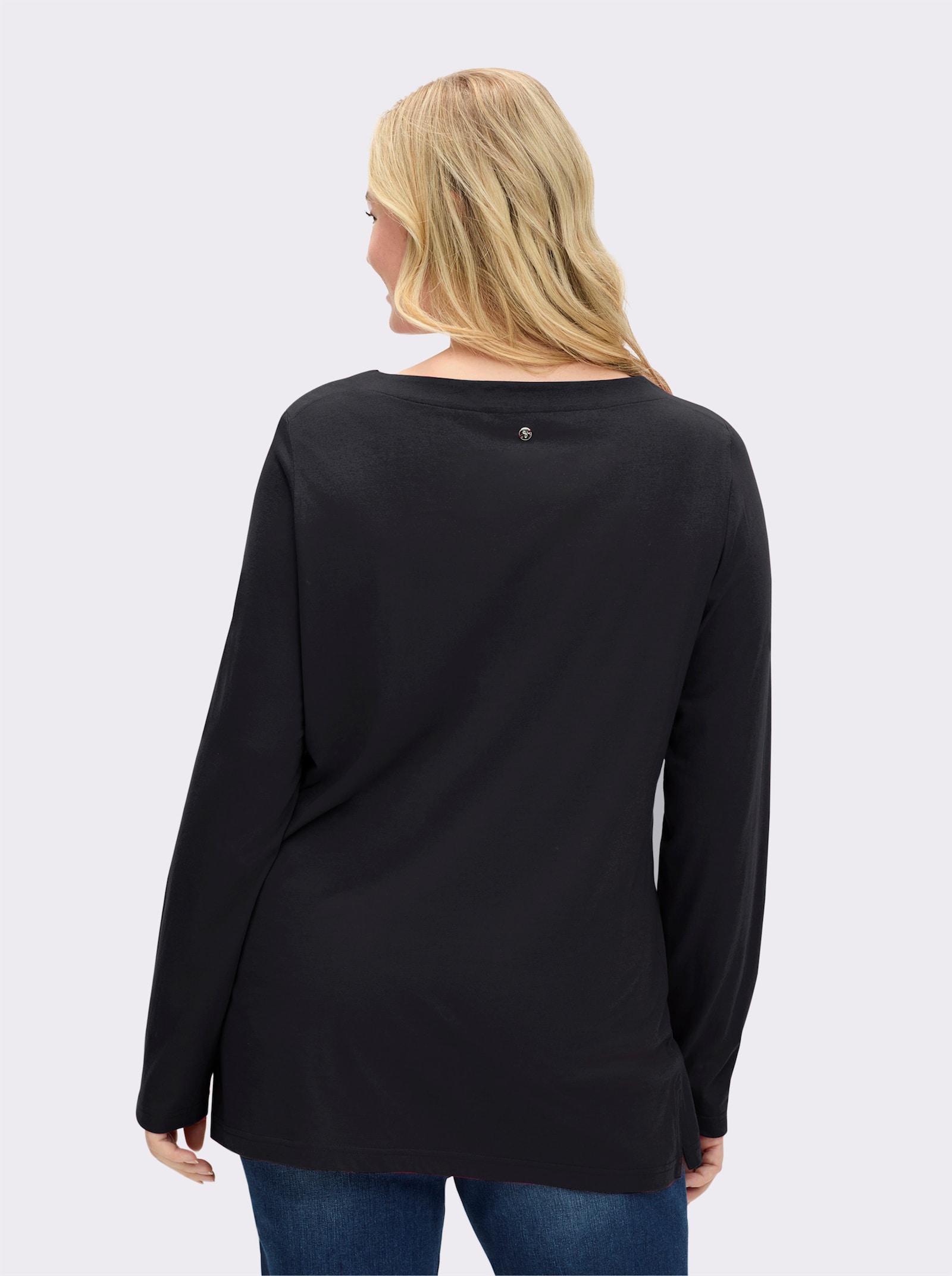 sheego Langarmshirt mit Grafikprint und Glitzersteinchen - schwarz-silberfarben-bedruckt