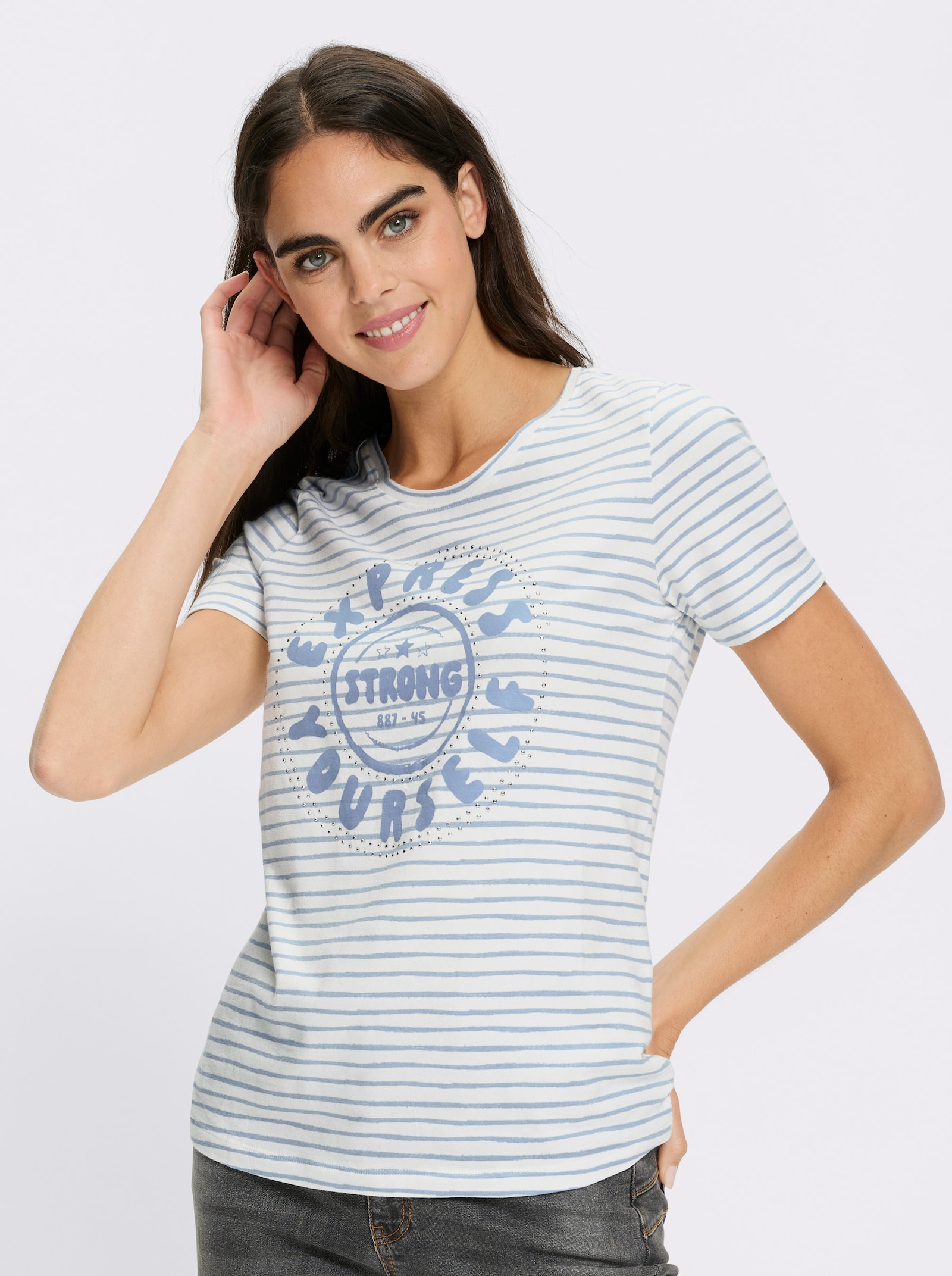 heine Rundhalsshirt mit Streifen-Dessin - ecru-eisblau-geringelt