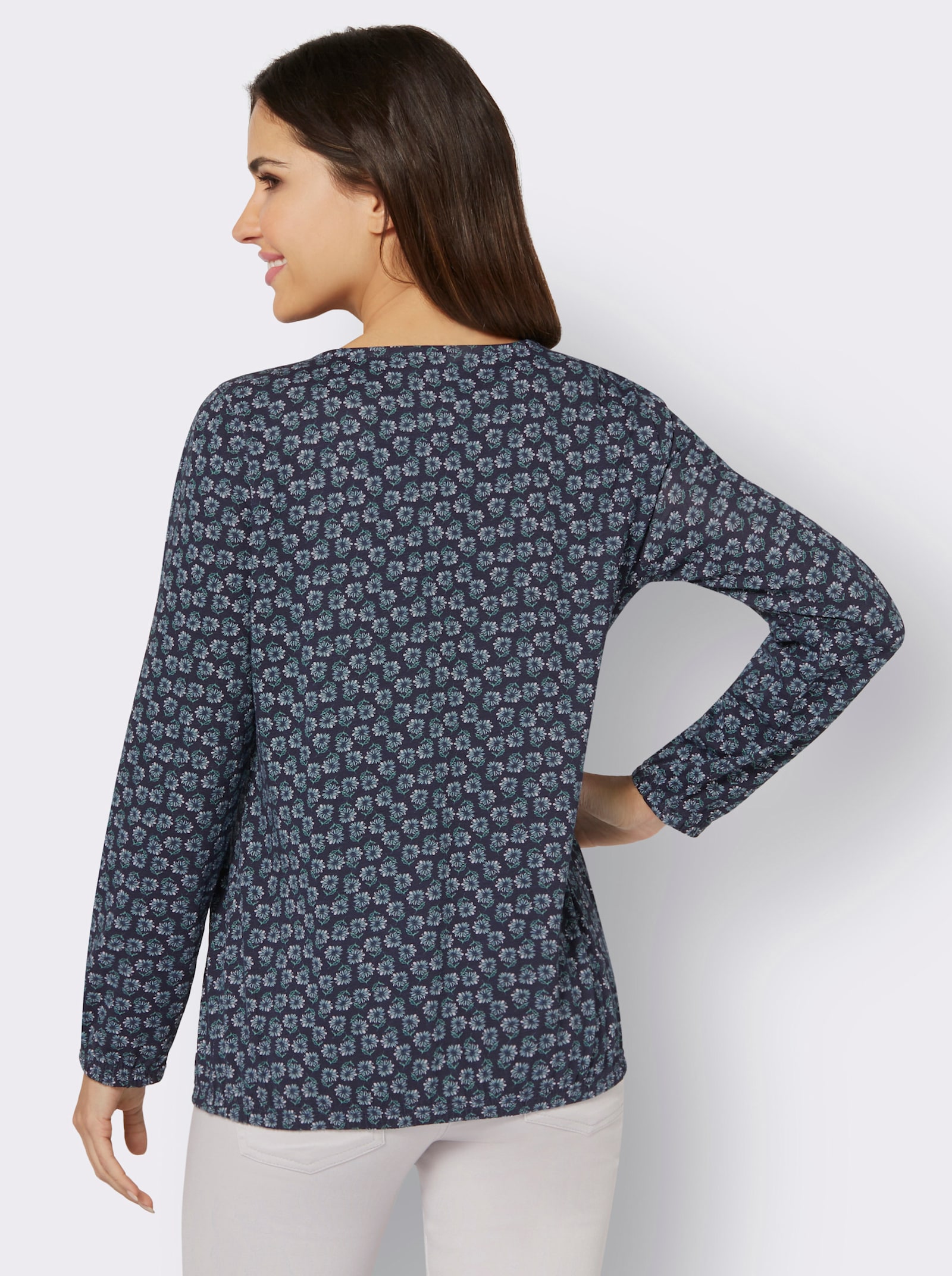 Rundhalsshirt mit Gummibündchen am Ärmel - nachtblau-salbei-bedruckt