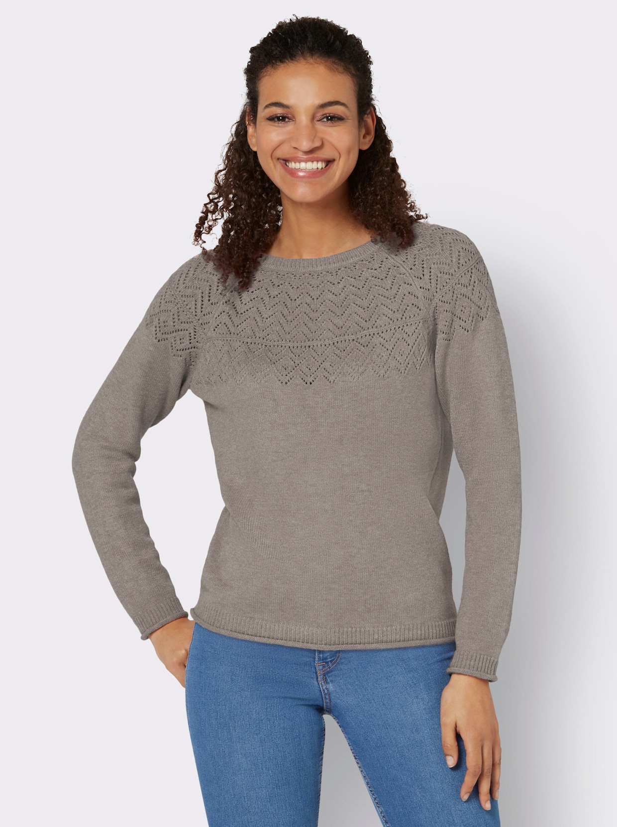 Ajourpullover - taupe-meliert