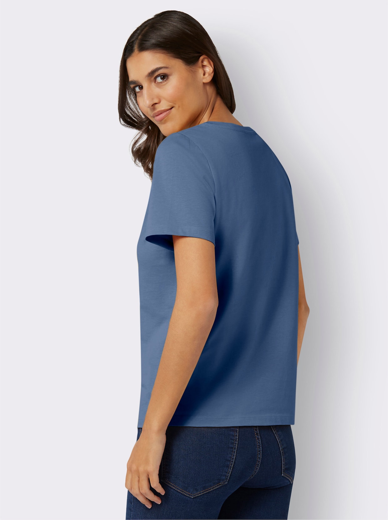 Tričko s výstřihem do V - džínová modrá-modrá