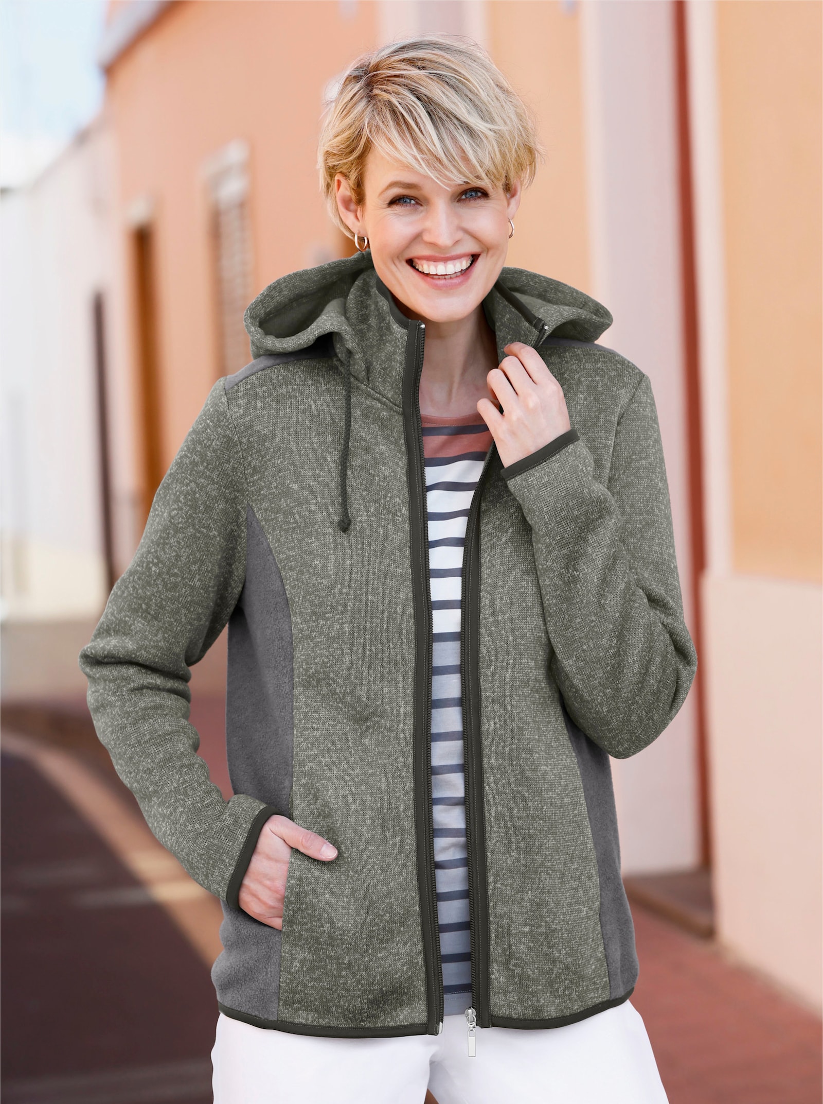 Strickfleecejacke mit Kapuze - anthrazit-meliert
