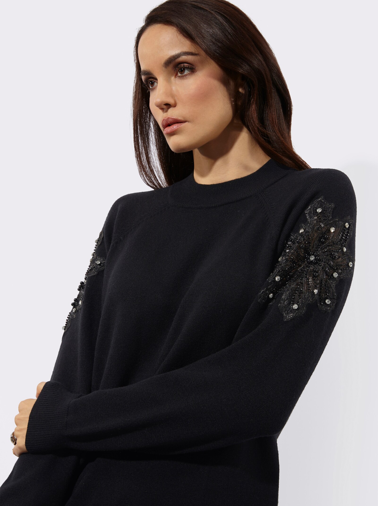 Langarm-Pullover mit besticktem Netzeinsatz - schwarz