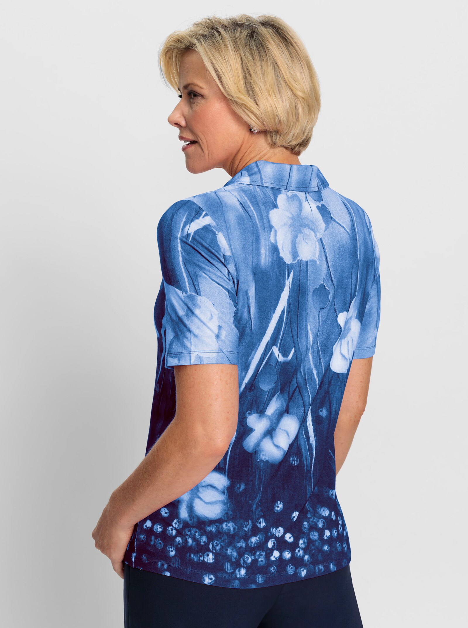 Poloshirt met bloemenprint - middenblauw/ecru bedrukt