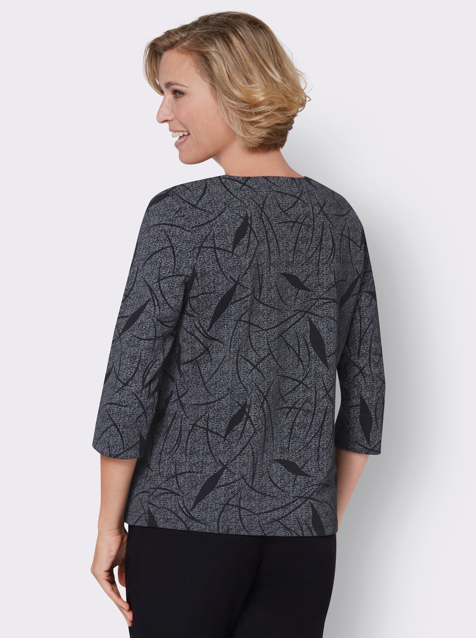 3/4-Arm-Shirt in Sweat-Qualität - steingrau-schwarz-gemustert