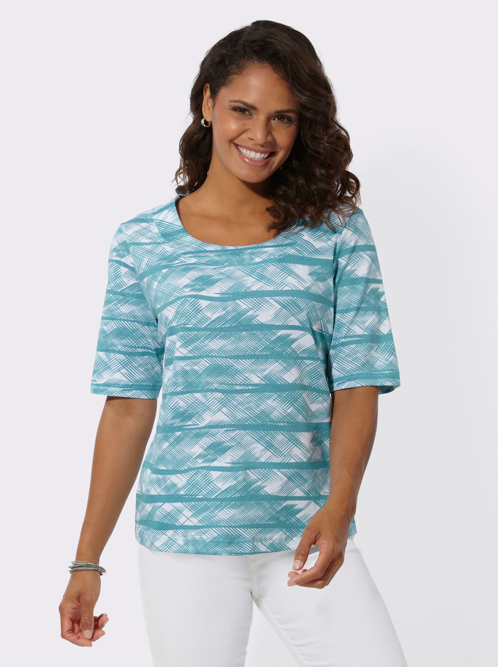 Kurzarmshirt aus reiner Baumwolle - ozean-weiß-bedruckt