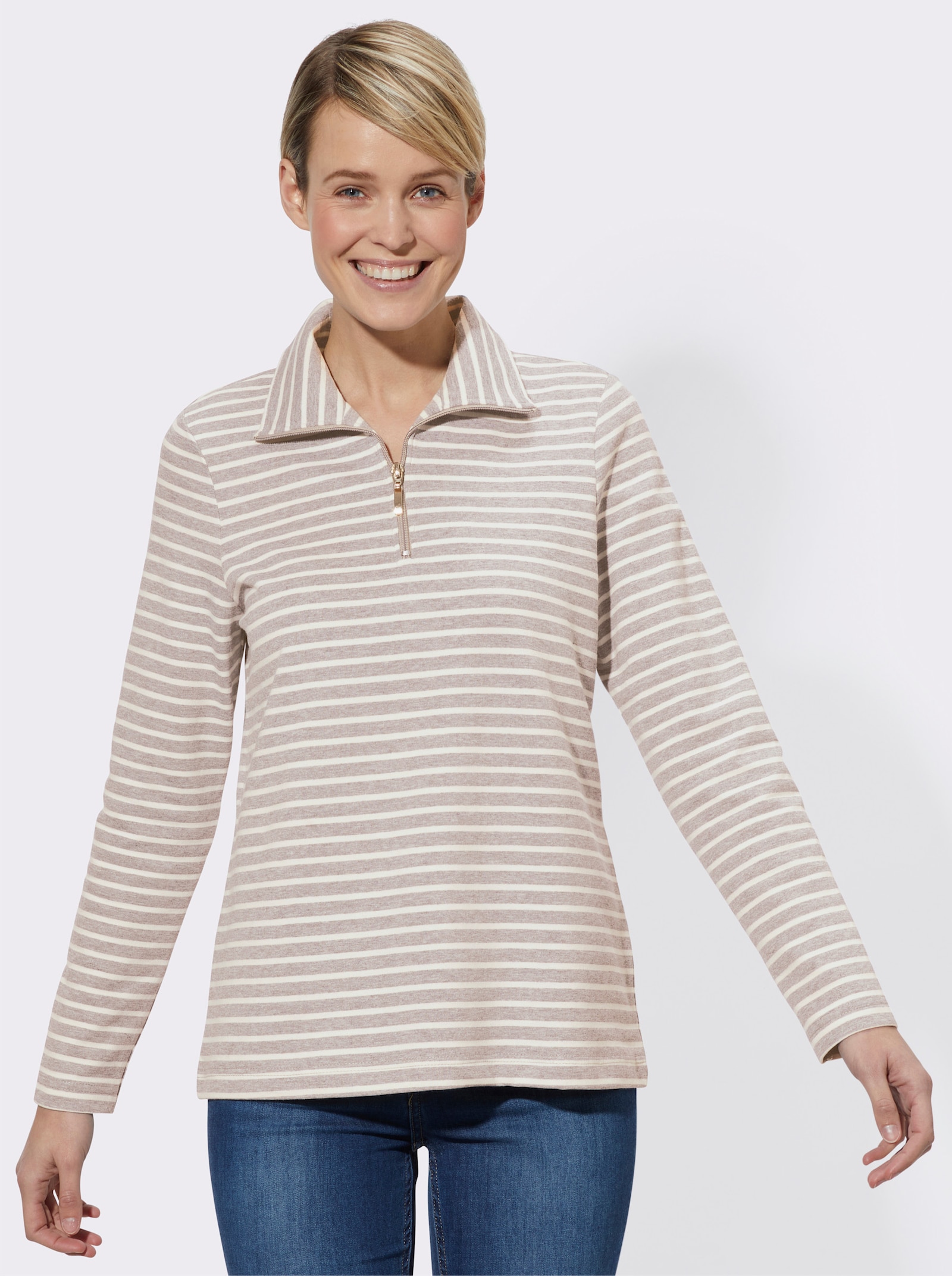 Langarmshirt mit Troyerkragen und Reißverschluss - beige-gestreift
