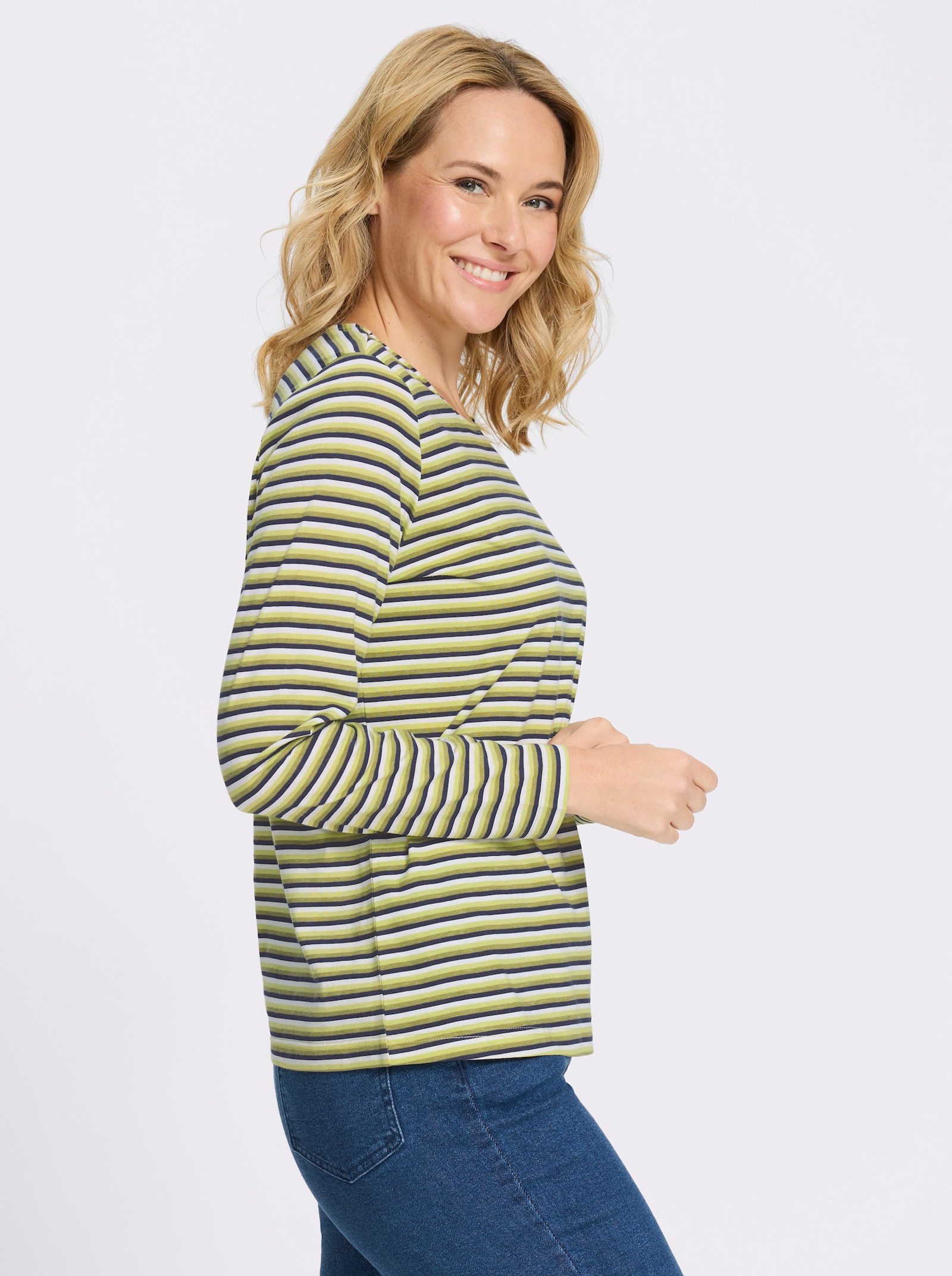 Langarmshirt in Baumwoll-Qualität, gestreift - schilf-marine-geringelt