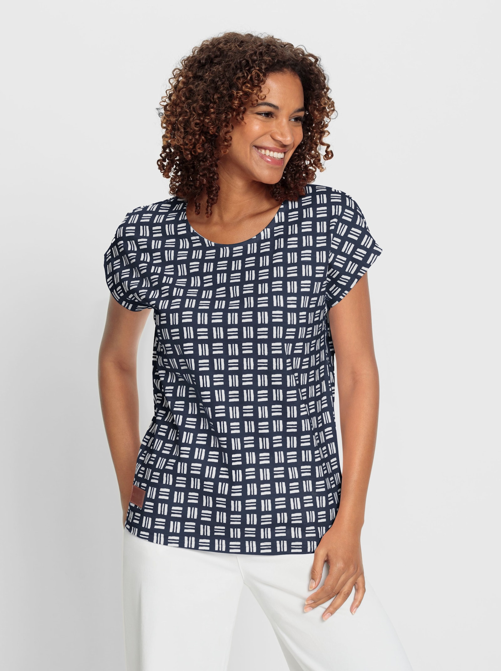 Print-Shirt aus reiner Baumwolle - marine-ecru-bedruckt